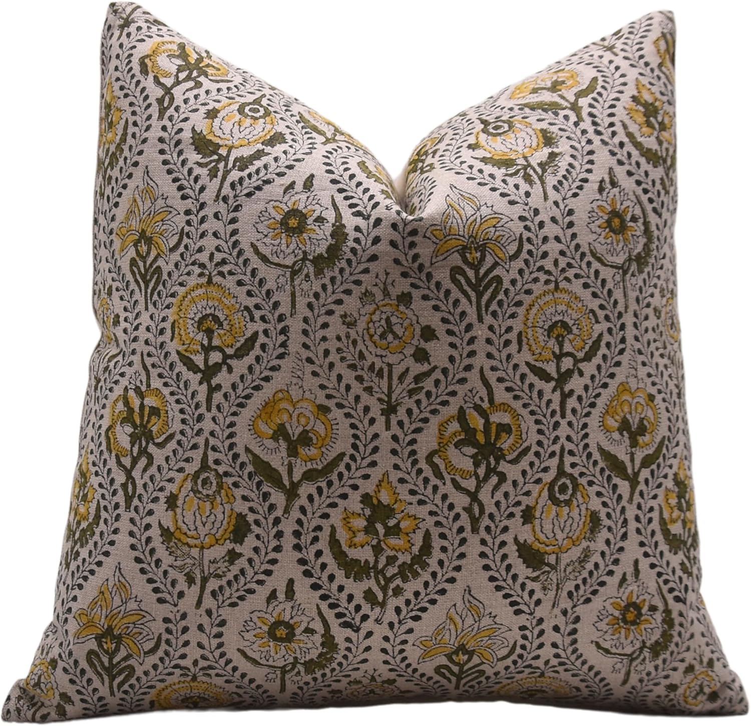 Block Print Thick Cotton 22X22 Throw Pillowcase Cushion Cover, Outdoor Decorative for Sofa and Couch, Fall Decoration, Floral Handloom Printed with Boho Home Décor, Amarbel, Light Green