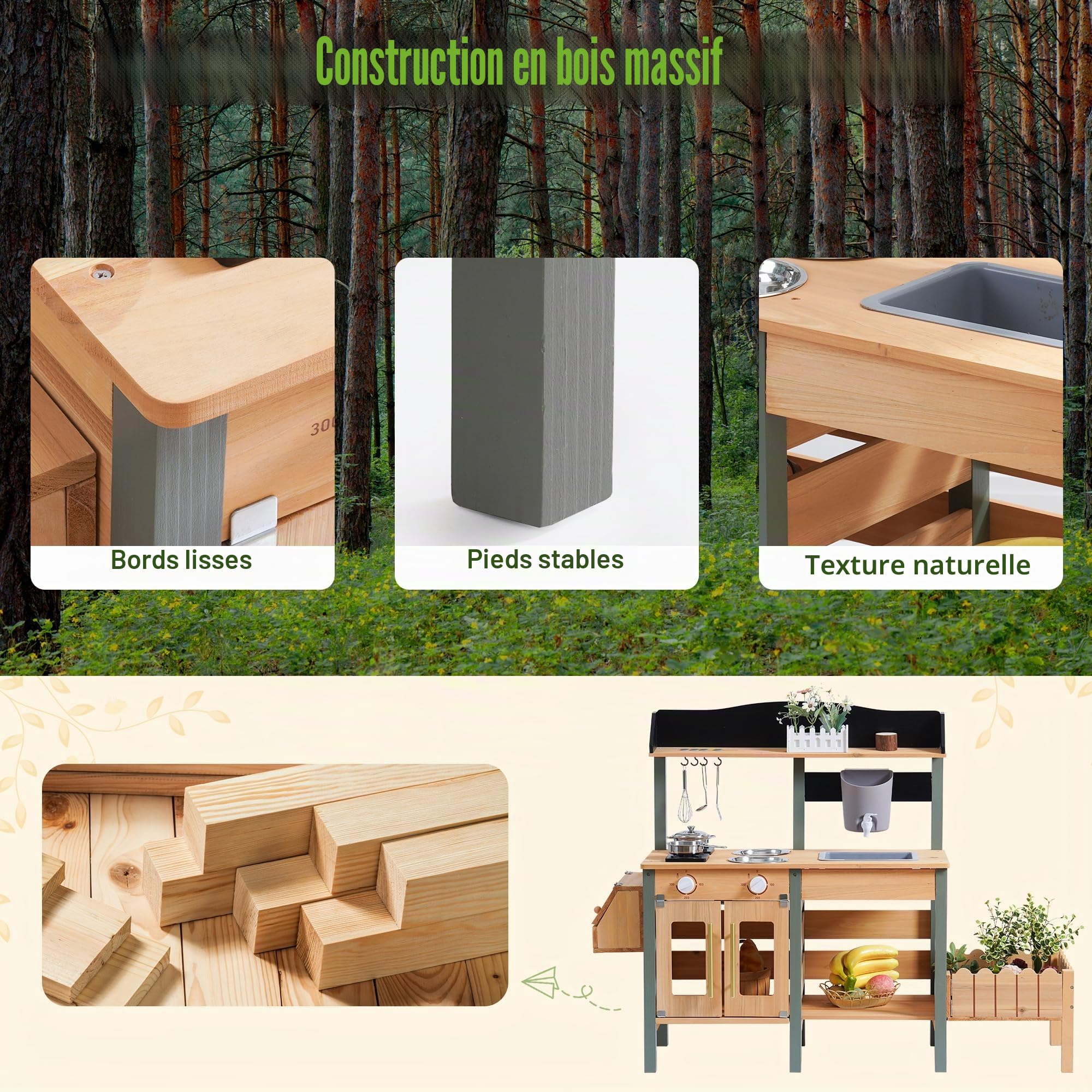 ROBUD Cuisine boueuse pour enfants, cuisine de jeu en bois avec robinet, jardinière, étagères de rangement, bois naturel