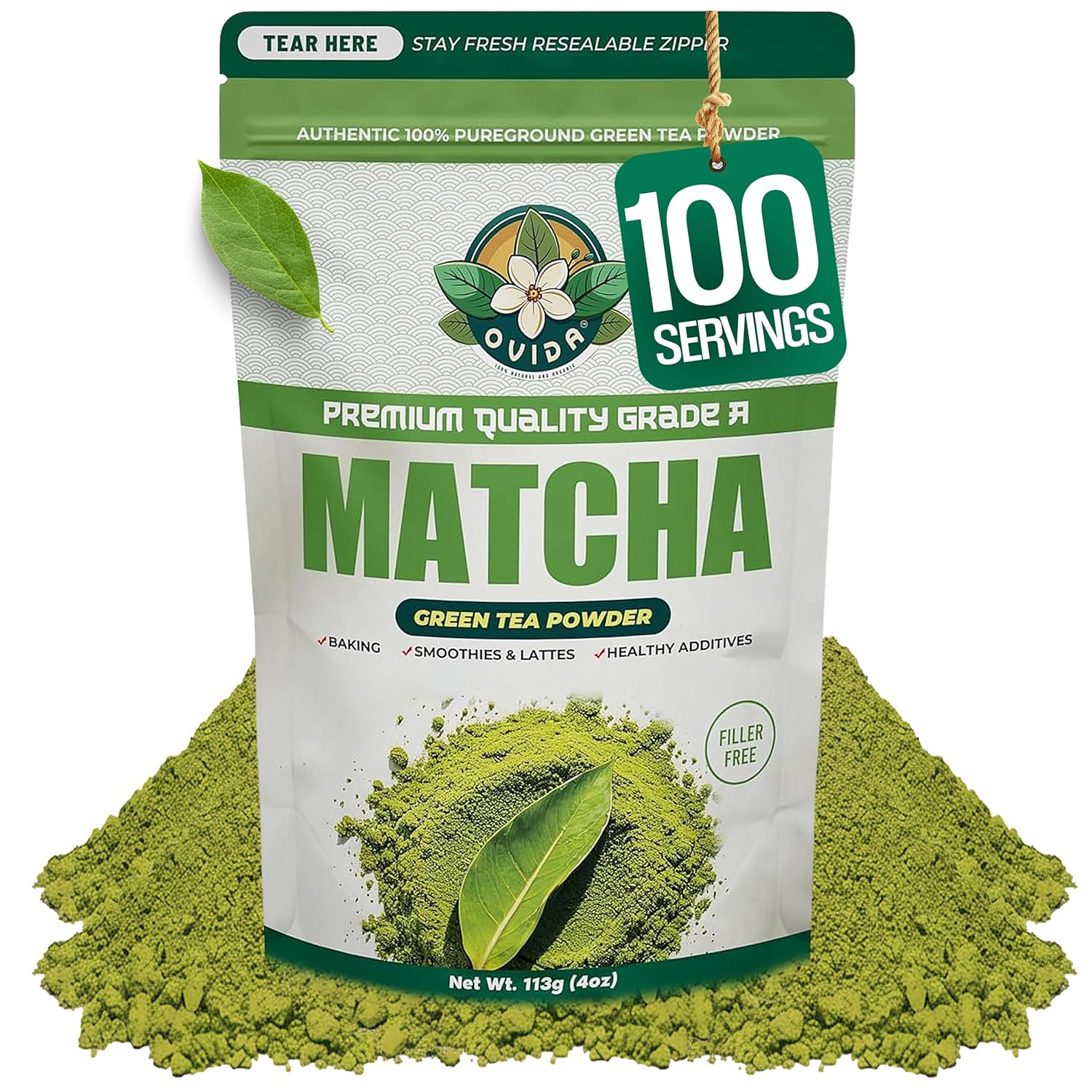 Ovida Culinary Grade Matcha Green Tea Powder – Organic Matcha Powder for Lattes, Smoothie, Shakes, Cooking & Baking, 100% Pure, Unsweetened, Vegan, Gluten-Free, 4oz (113g)