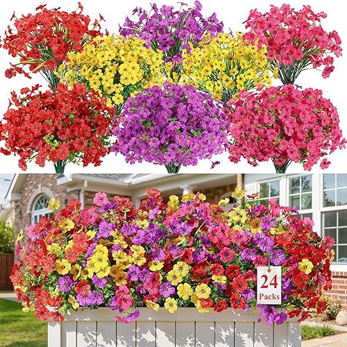 Alupssuc 24 Bundles Artificial Flowers for Outdoors Decoration, UV Resistant