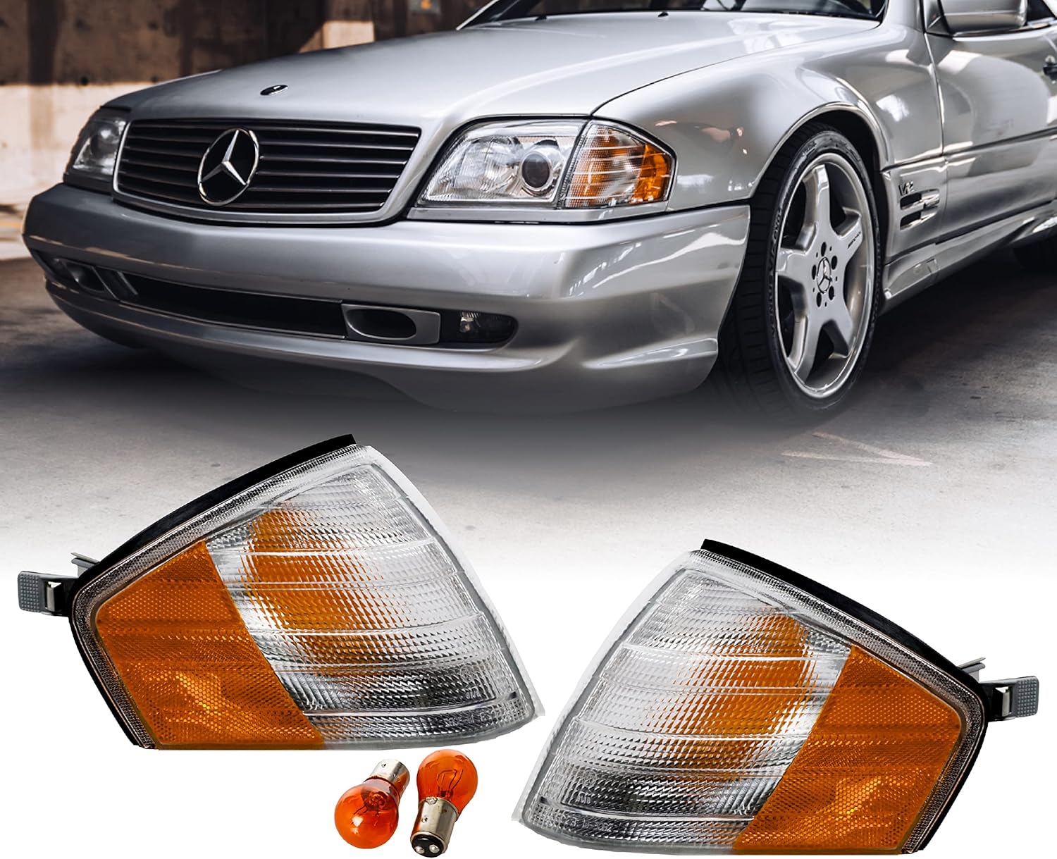 USR MBZ R129 Corner Lights - Replacement Amber/Clear Frost Lens Front Turn Signal Lamps Set (Left + Right) Compatible with 1990-2002 Mercedes Benz R129 Chassis SL Class Roadster