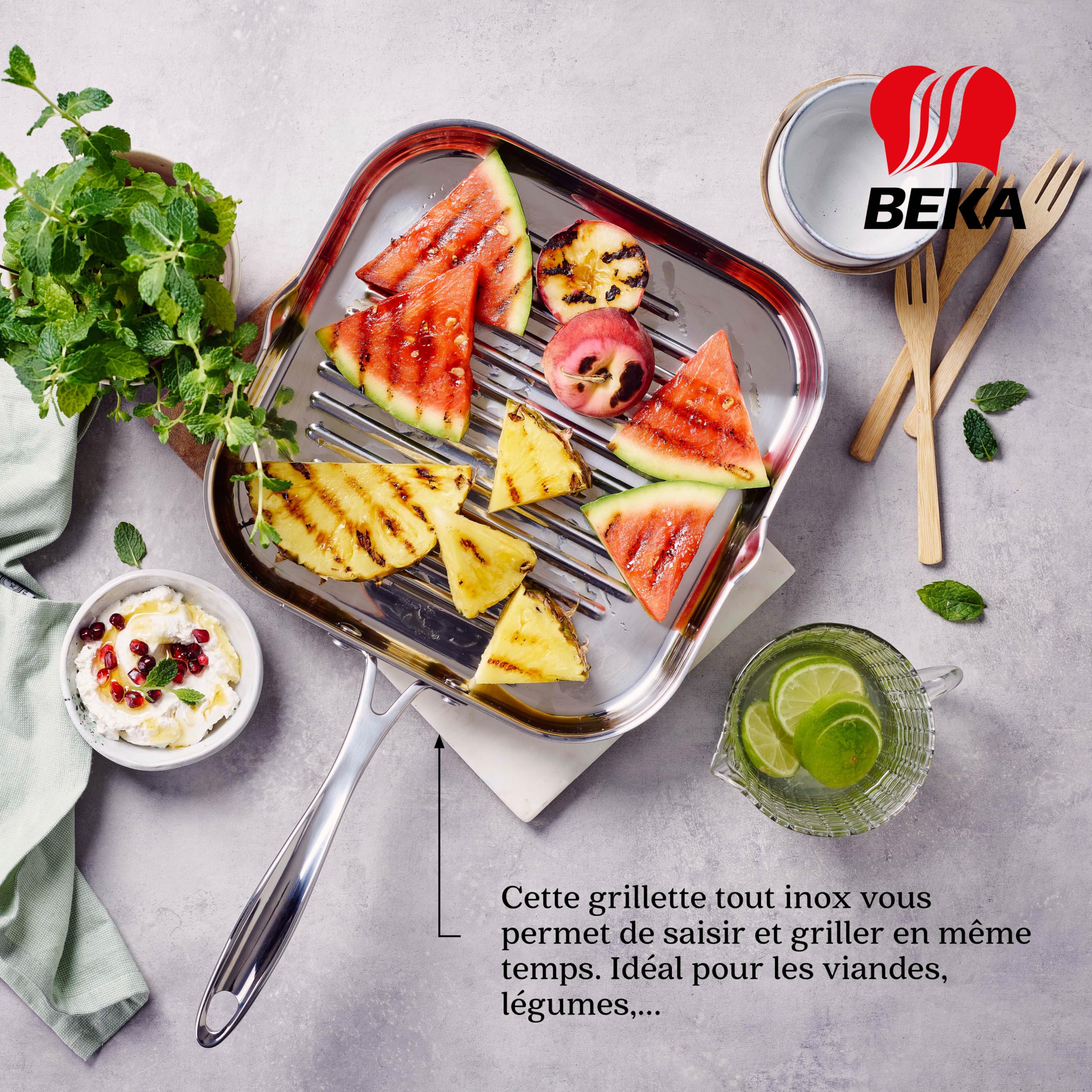 Beka Chef - Poêle Gril Inox 18/10 - 26,5 cm - Forme Rectangulaire - Tous Feux Compatible Induction - Acier Inoxydable
