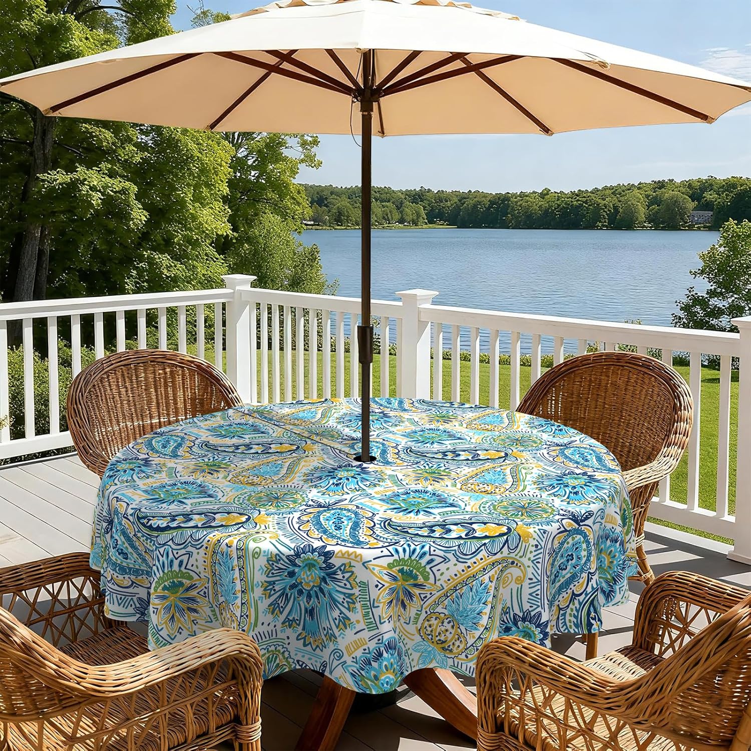 LVTXIII Patio 60-Inch Round Tablecloth, Outdoor Stain and Fade Resistant Table Covers with Zipper, Picnic Table Cloth with Umbrella Hole for Home and Garden Circular Table Decoration, Paisley Blue