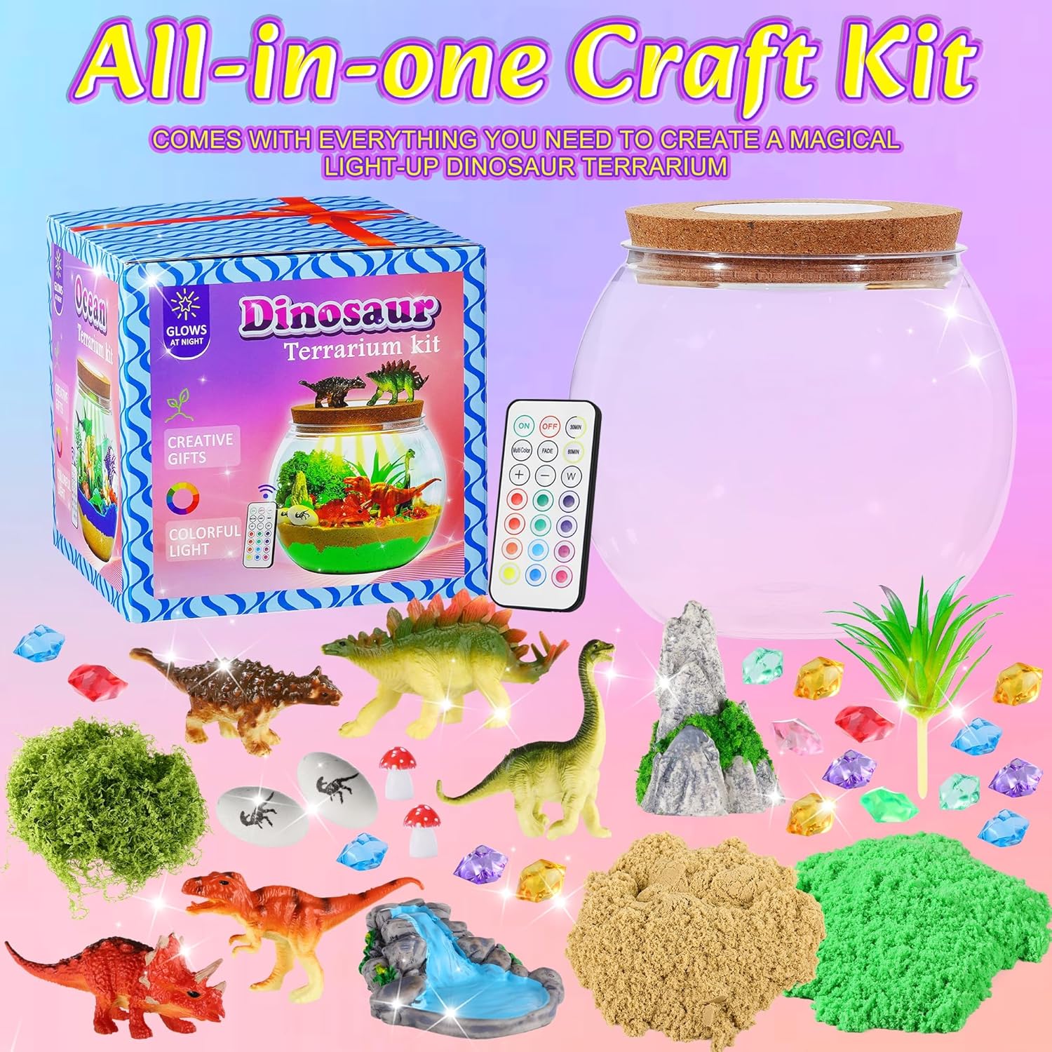 Gifmore Dinosaur Terrarium Kit for Kids with LED Night Light & Remote Control, Dinosaur Toys & Arts and Crafts Kit for Boys Ages 4-12, Creative Birthday Christmas Gifts for Children