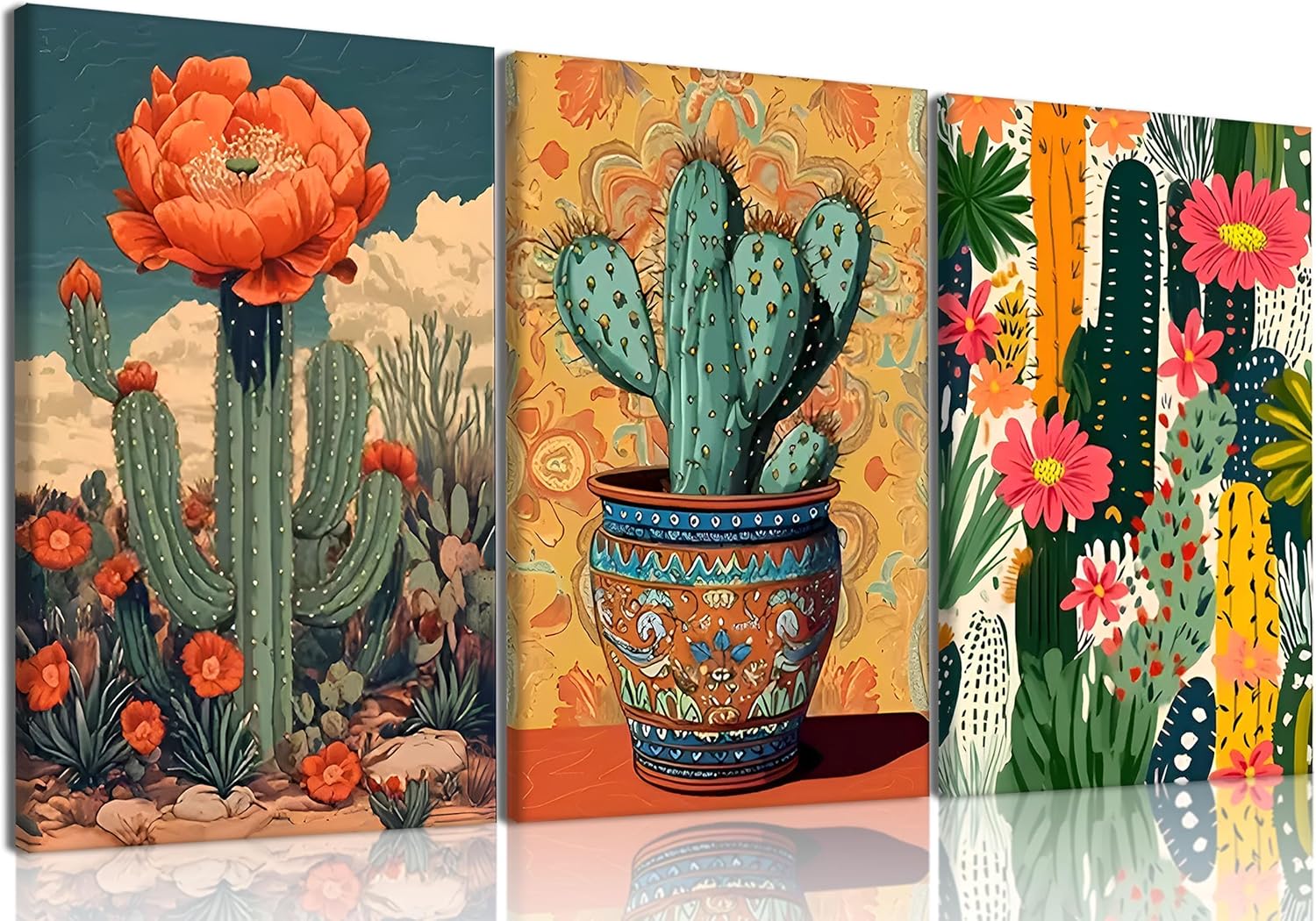 Framed Mexican Cactus Floral Wall Art Set of 3, Boho Southwest Succulent Wall Art Decor, Tropical Botanical Cactus Desert Art Painting Picture for Bathroom, Living Room, Bedroom