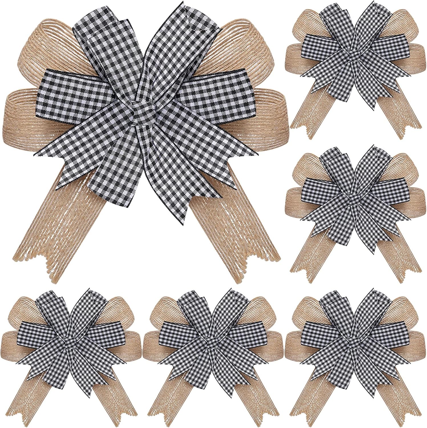 Chuangdi 6 Pcs Burlap Wreath Bows Premade Buffalo Plaid Decorative Bows Farmhouse Rustic Bow for Front Door, Wreath, Mantel, Tree, DIY Crafts, Black & White, 6.3 Inch(Black White)