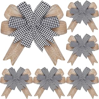 Chuangdi 6 Pcs Burlap Wreath Bows Premade Buffalo Plaid Decorative Bows Farmhouse Rustic Bow for Front Door, Wreath, Mantel, Tree, DIY Crafts, Black & White, 6.3 Inch(Black White)