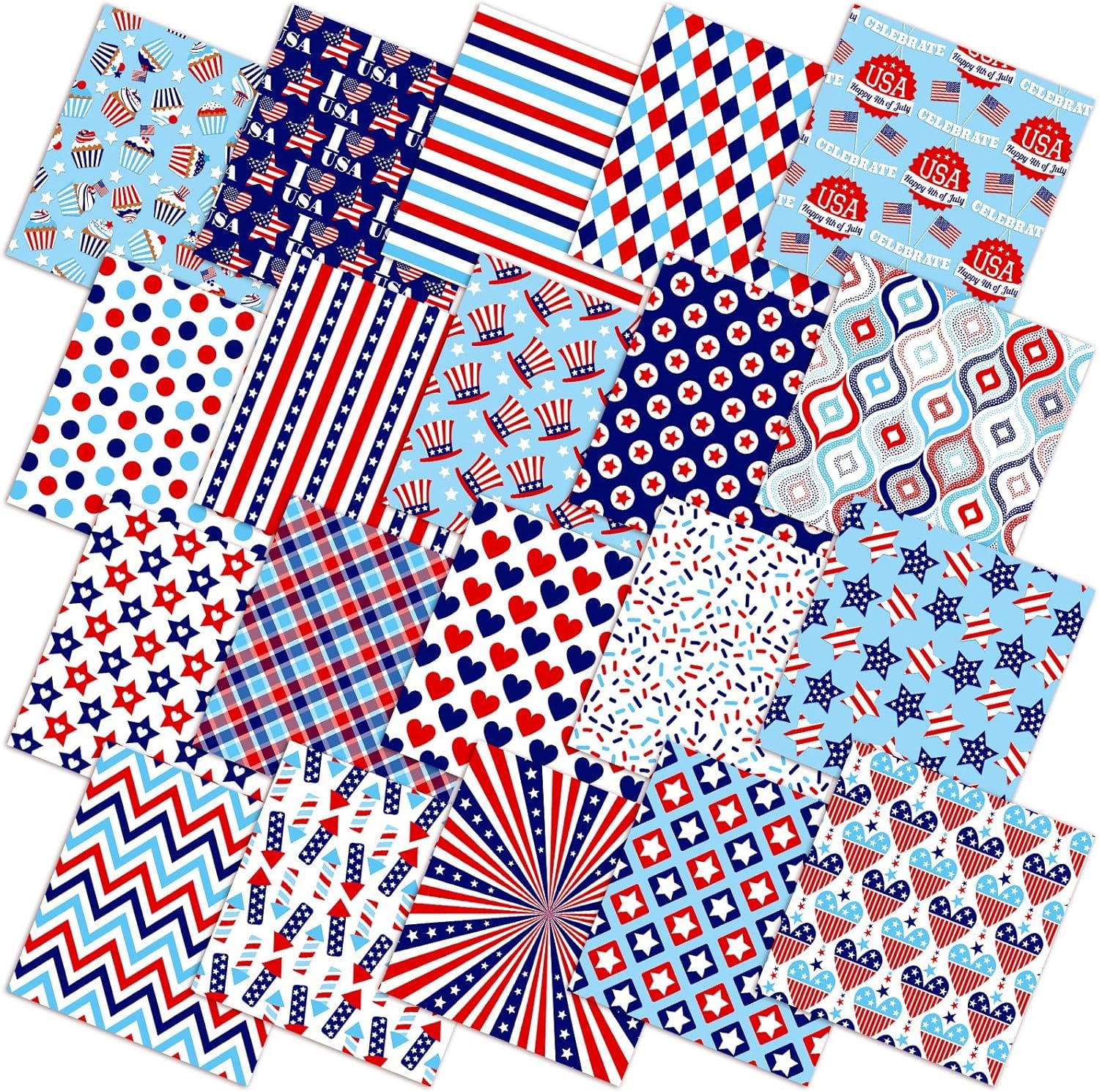 Hahafelt 80 Pcs 10''x10'' Patriotic Quilting Fabric Square Red Blue White Fabric Bundle 4th of July Quilted Material USA Flag Star Printed Patchwork for Memorial Day DIY Sewing Crafts (Watercolor)