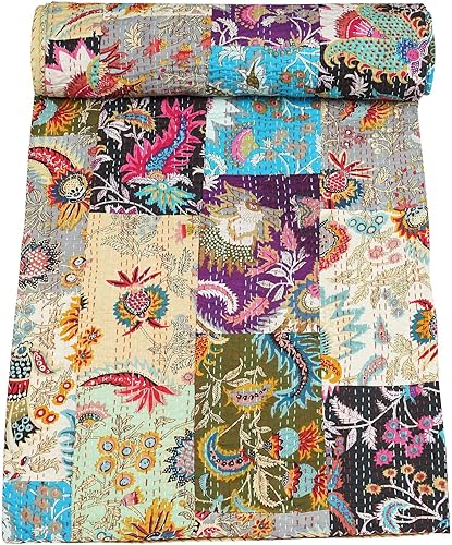 Vista 78 de Marubhumi Edredón tradicional indio de algodón puro, estampado de cachemira, colcha Kantha multicolor (multicolor-22, individual (60 x 90 pulgadas)