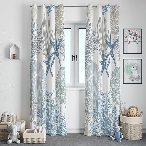 Cortinas opacas con ojales para ventana de océano costero, con ojales para sala de estar, dormitorio, 2 paneles de 42 x 45 pulgadas