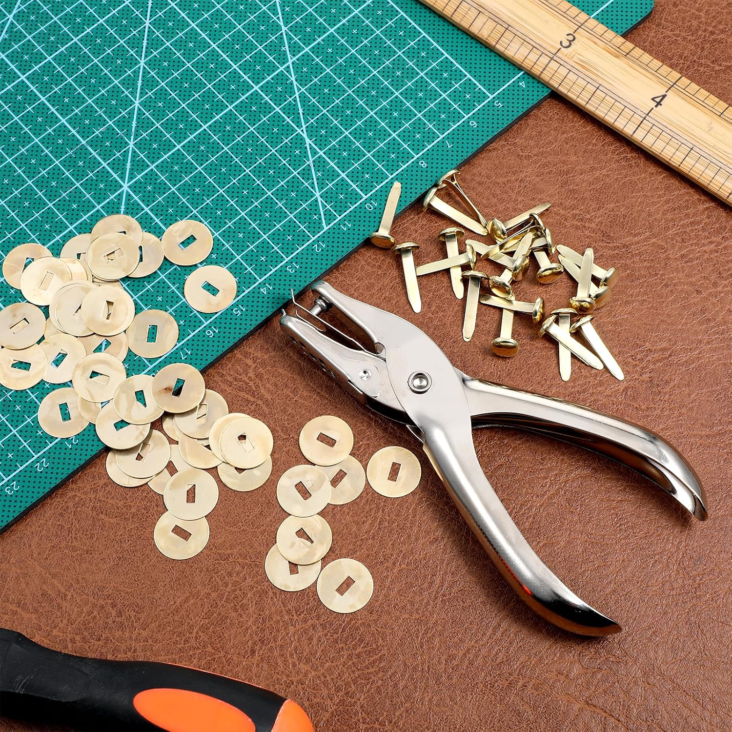 100 PCS Mini Brad Fasteners, and 300 Pieces Washers with Hole Punch, Round Paper Fasteners for Crafts Mini Brass Brads Metal Brad Split Pins Pastel for Paper Crafts DIY Scrapbooking Supplies (Gold)