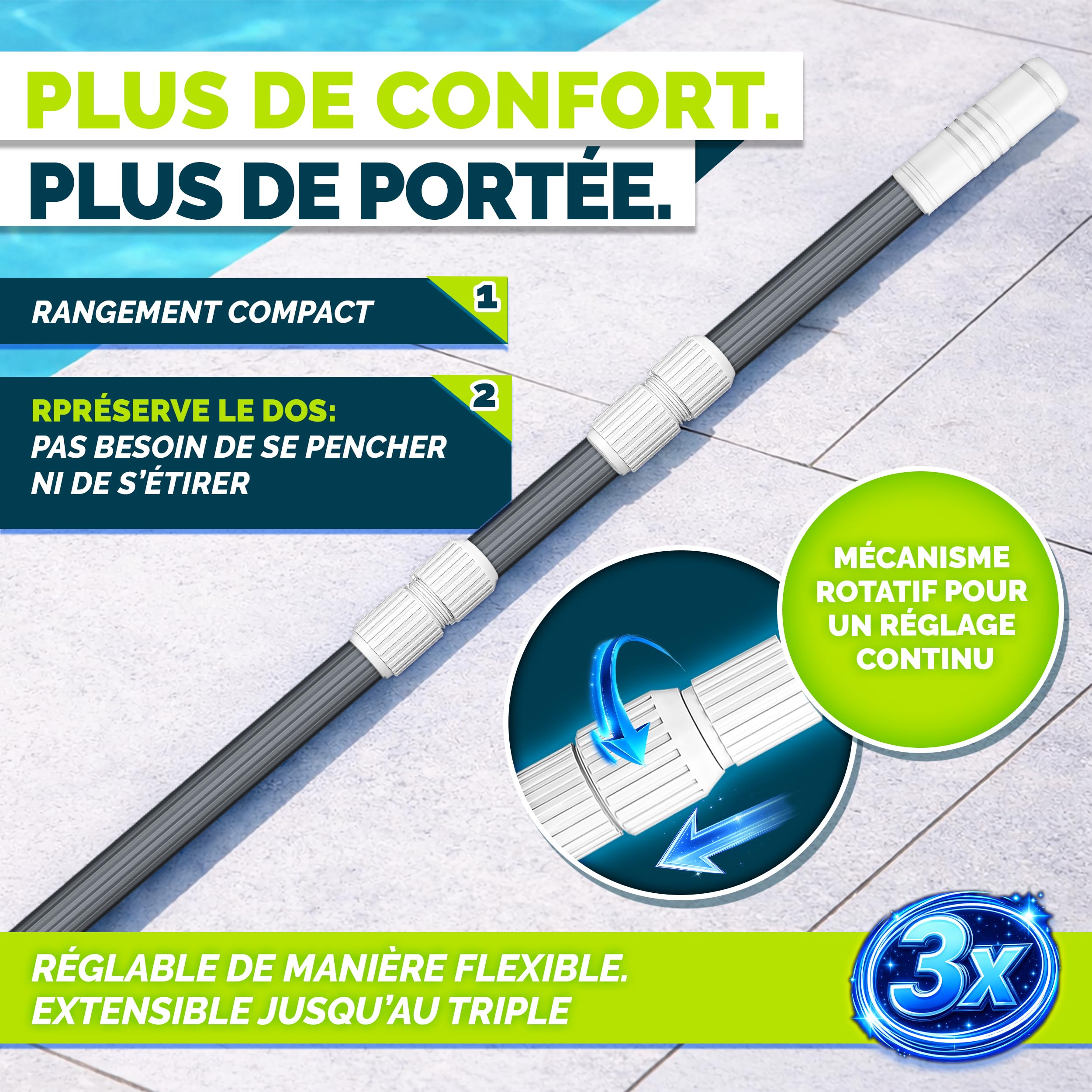 tillvex Barre Télescopique en Aluminium 1,20-3,60 m | Perche Alu Régable et Extensible per Nettoyage de Piscine, Surfaces | avec 3 Parties (Anthracite)