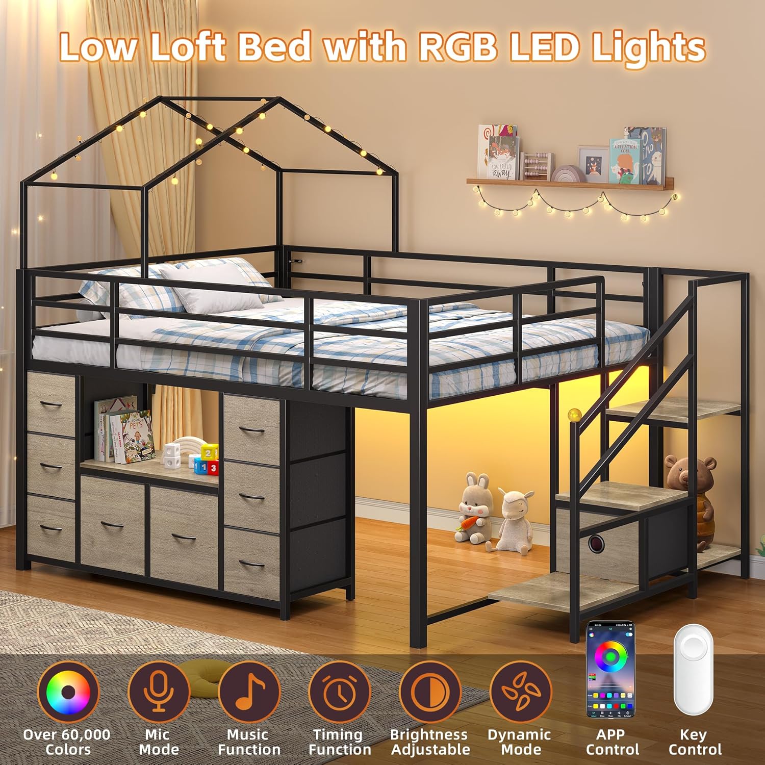 Full Size Low Loft Bed with 9 Drawers, Reinforced Metal House Bed Frame with Noise-Free Slats, Smart LED Lights & Charging Station, Space-Saving for Small Bedroom, Oak Gray