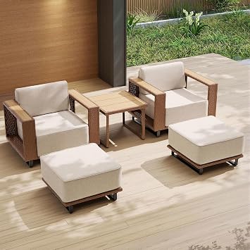 5-Piece Patio Furniture Set with Ottomans, Light Gray Cushions | Wicker patio furniture set with outdoor sofa, Light Gray cushions, 2 ottomans, dining table and coffee table.