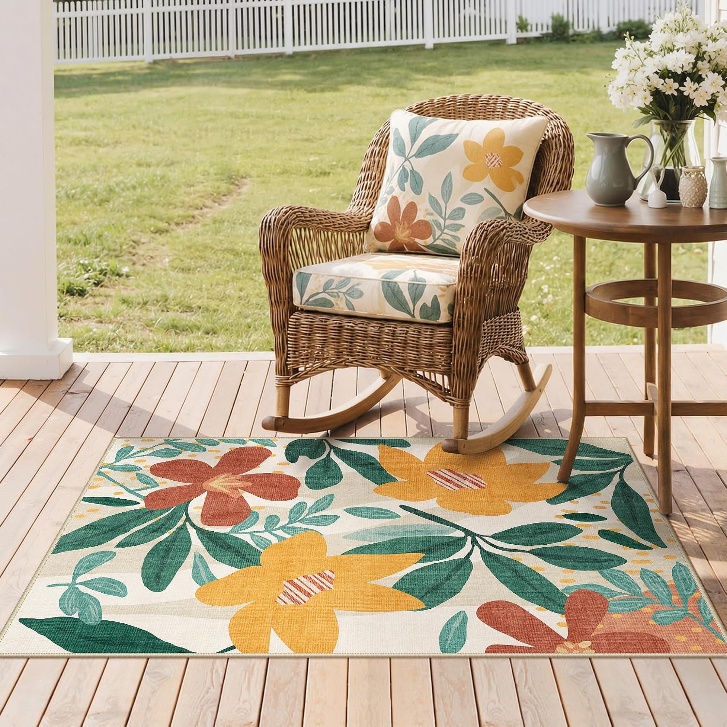  3x5 Outdoor Rug, Washable for Porch and Balcony, Teal Orange | Floral design for entryway; fade resistant chenille with quick-dry non-slip backing for indoor mudroom thumbnail