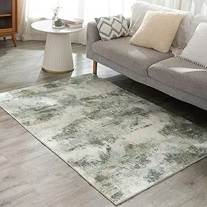 Carvapet Rugs for Living Room, Green Modern Abstract Low Pile Carpet with Rubber Backing, Foldable, Non Slip Machine Washable (6 x 4 Feet Rectangular, Sage Green Area Rug)