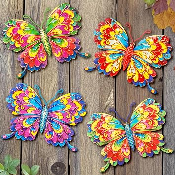 Junware 4 Pieces Metal Butterfly Wall Art Decor - 6.2" Outdoor Fence Wall Sculpture Decor, Hanging Decoration for Garden Yard Living Room Bedroom Patio Balcony, Nice Gift for Mom Friend