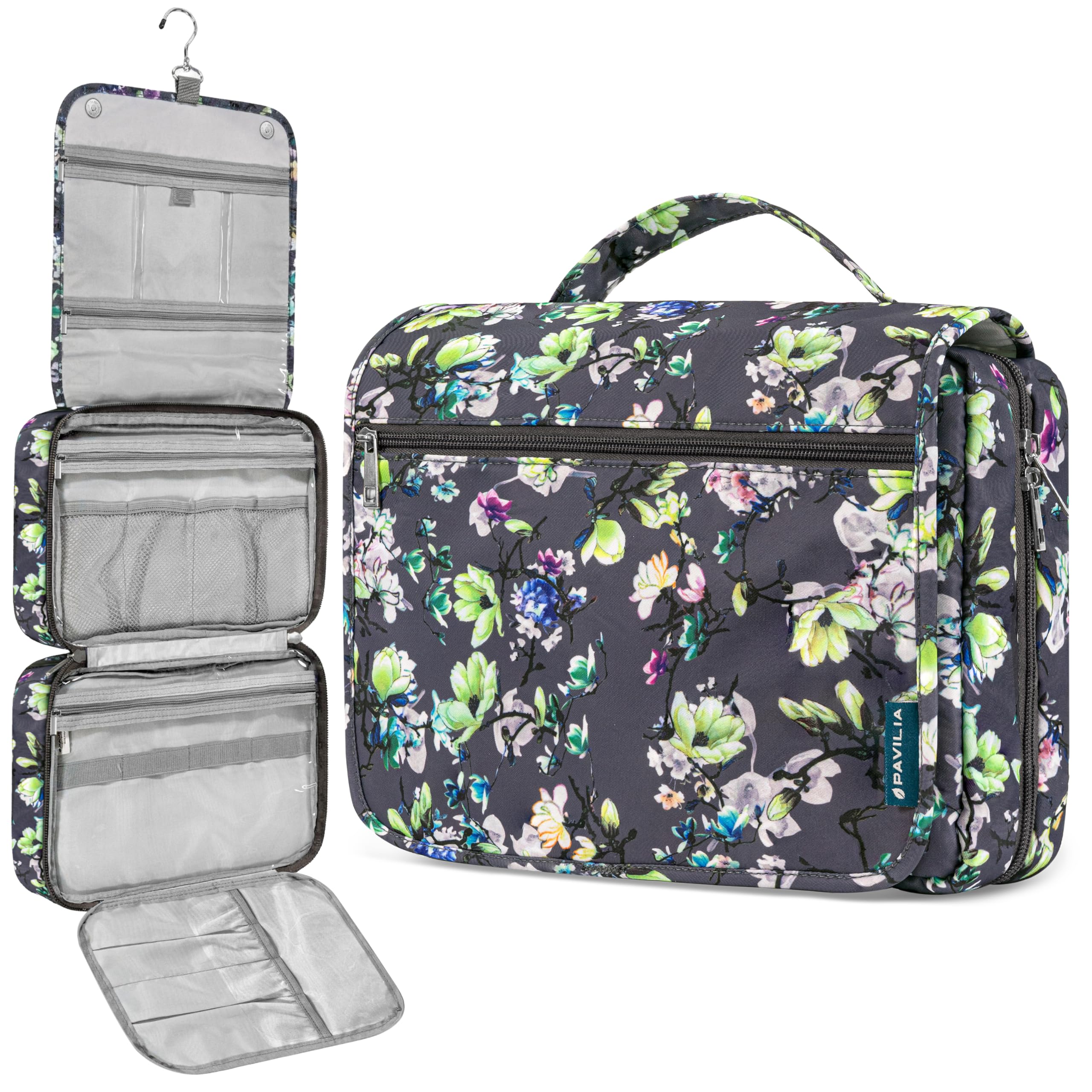 PAVILIA Neceser colgante para mujeres y hombres, organizador de cosméticos plegable, bolsa de viaje, bolsa de maquillaje resistente al agua, artículos de tocador, kit de artículos esenciales de viaje