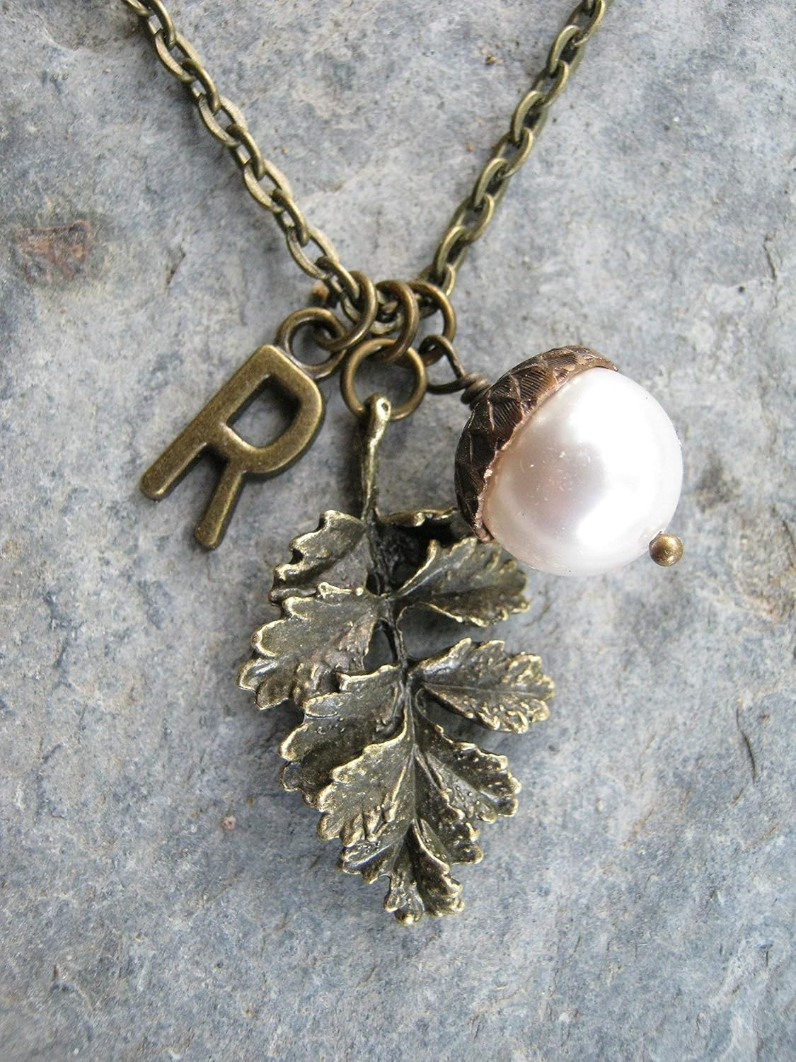 Personalized Acorn Necklace, Designer Faux Pearl Necklace, Antiqued Bronze Leaf Branch Jewelry, Autumn - Image 4