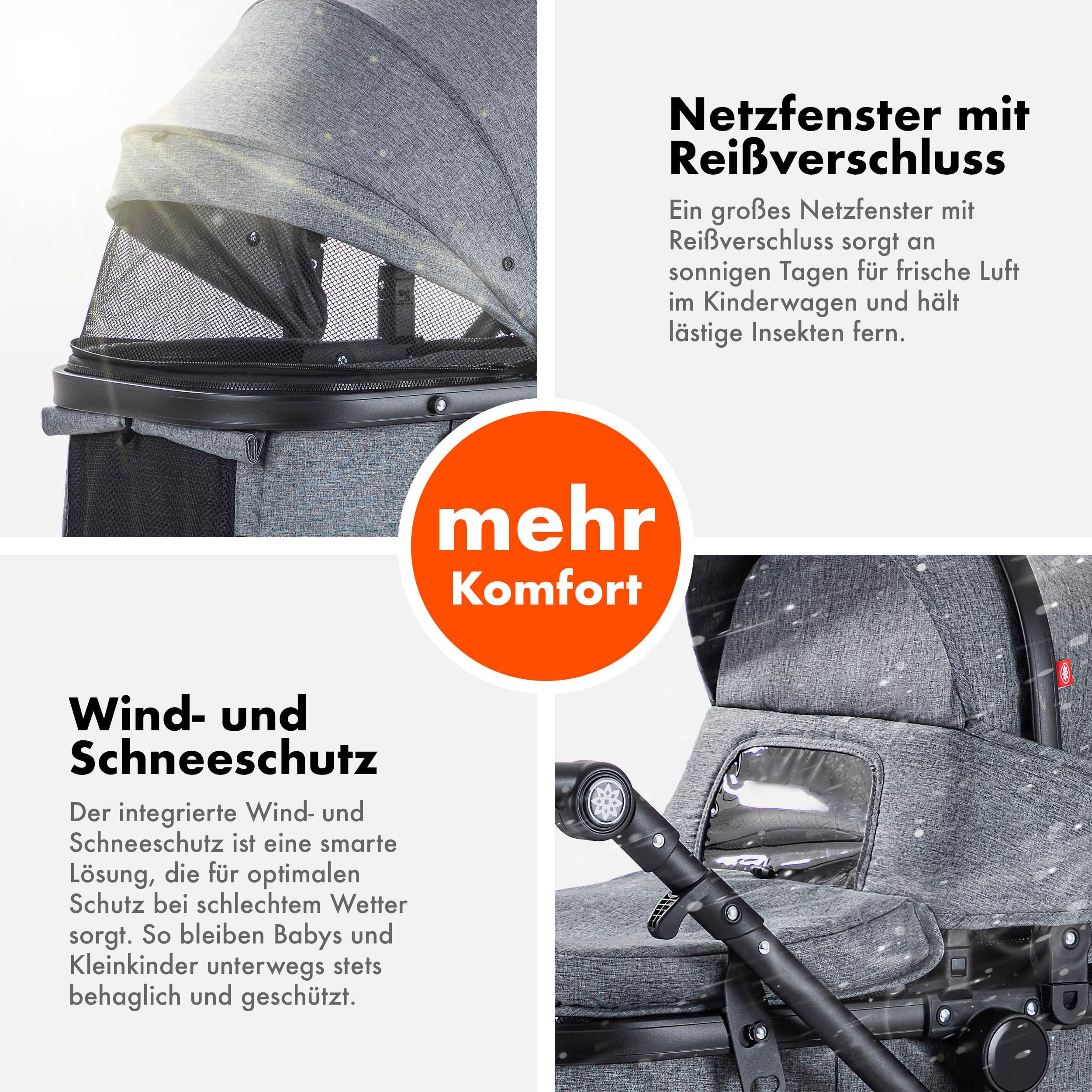 Daliya BAMBIMO 3in1 Kinderwagen & Buggy Set mit i-Size Babyschale ECE R129 Kombikinderwagen ab Geburt bis 22 kg pannensichere Räder Federung höhenverstellbar Dunkelgrau Rahmen Schwarz