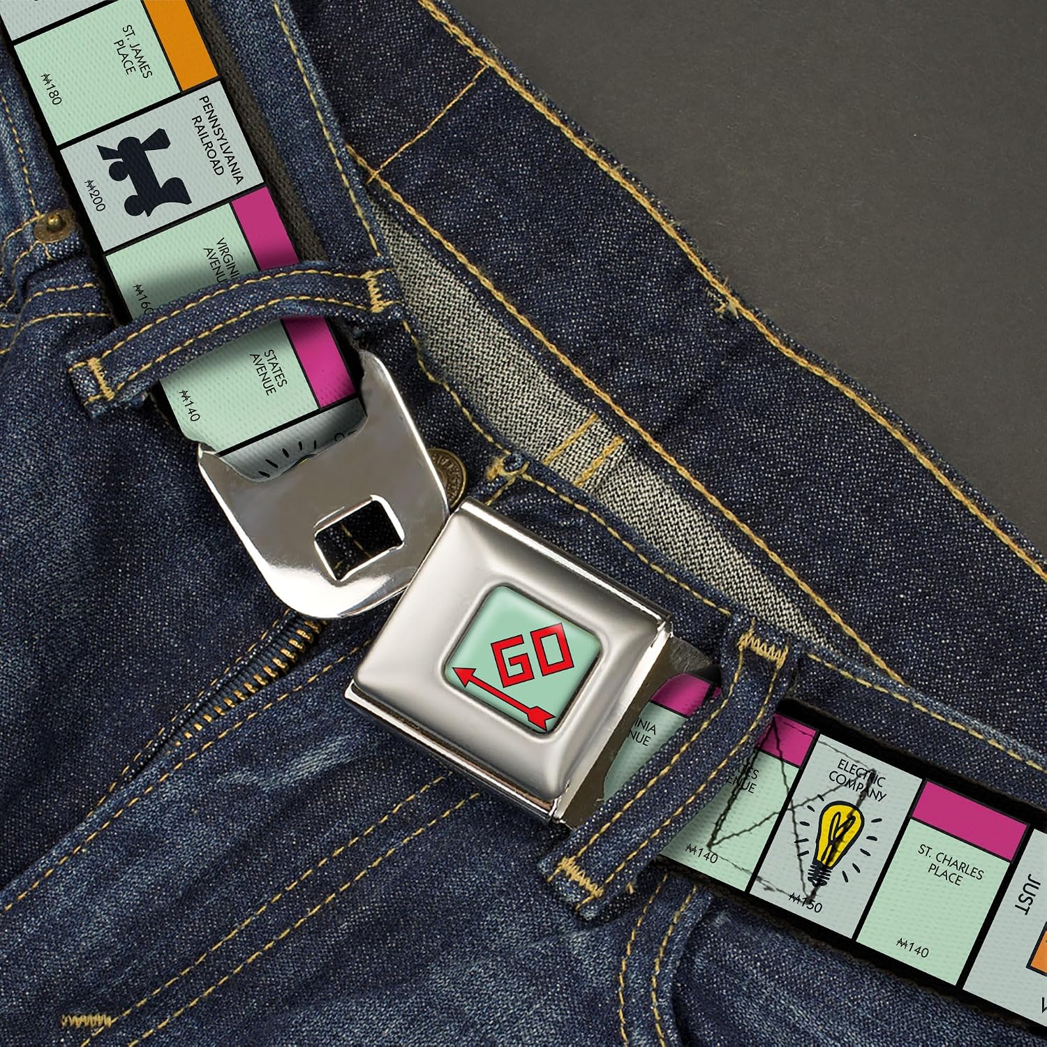 Hasbro Belt, Seatbelt Buckle Belt, Monopoly Game Board Space Blocks, Adjustable