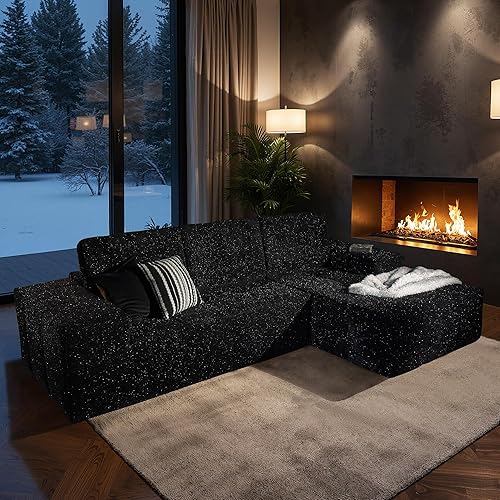 114" Boneless Sectional Couch with Glitter Fabric, Modern Modular Sofa with L Shape Chaise,Upholstered Couch Deep Seats for Living Room,No Assembly Required,Black Right Facing Chaise