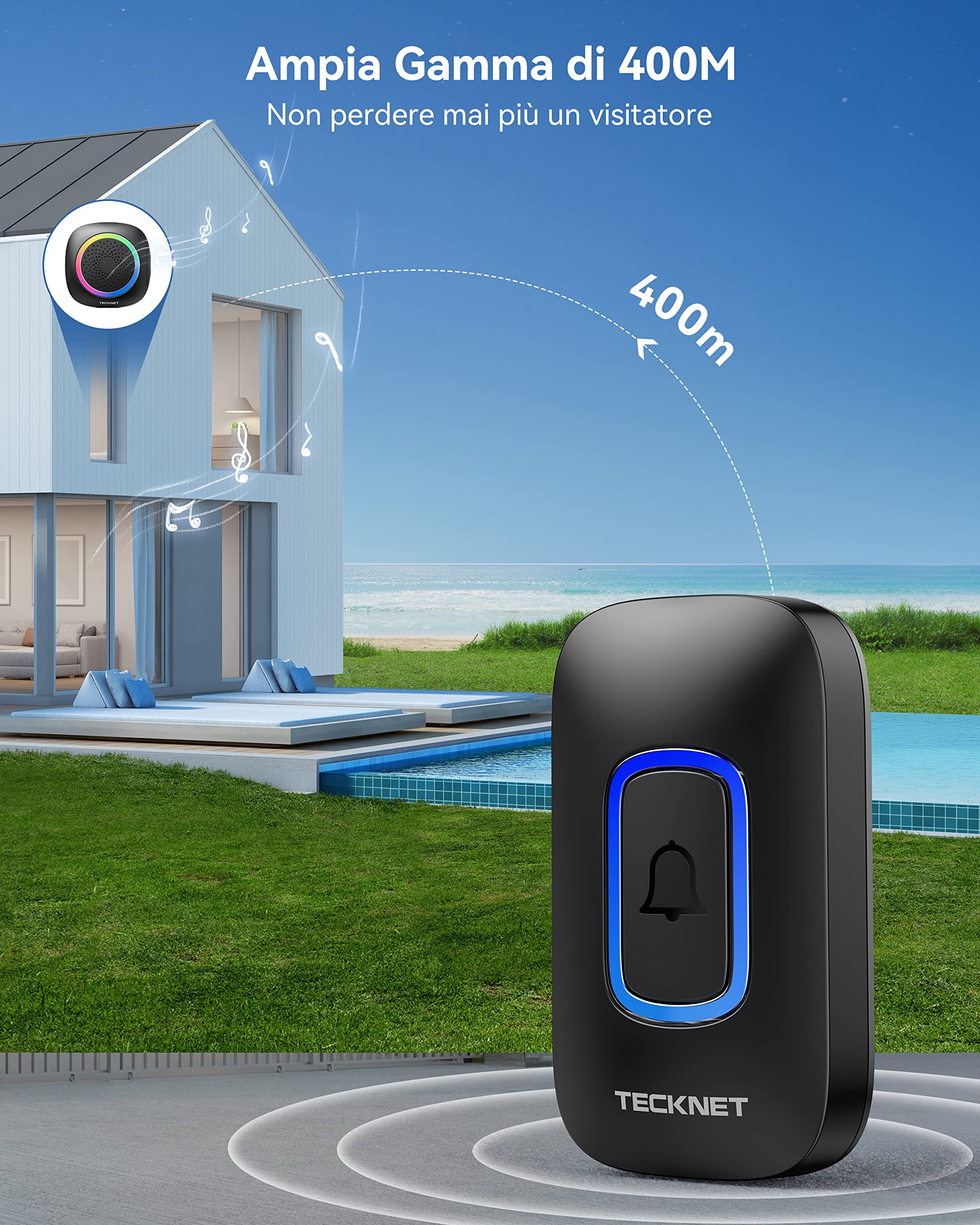 TECKNET Campanello Senza Fili Alimentato a Batteria Impermeabile IP66, Portata 400M, 5 Livelli Volume 60 Melodie, Batteria Rimovibile RGB Campanello Wireless Esterno per Casa, Ufficio, Emergenza ecc