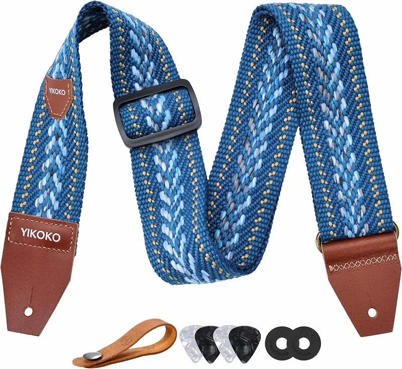 Guitar Strap with Pick Pocket，2 inch Cotton Guitar Straps with Full Grain Leather End, for Bass Electric and Acoustic Guitars, Free Strap Button, 2 Strap Locks and 4 Guitar Picks