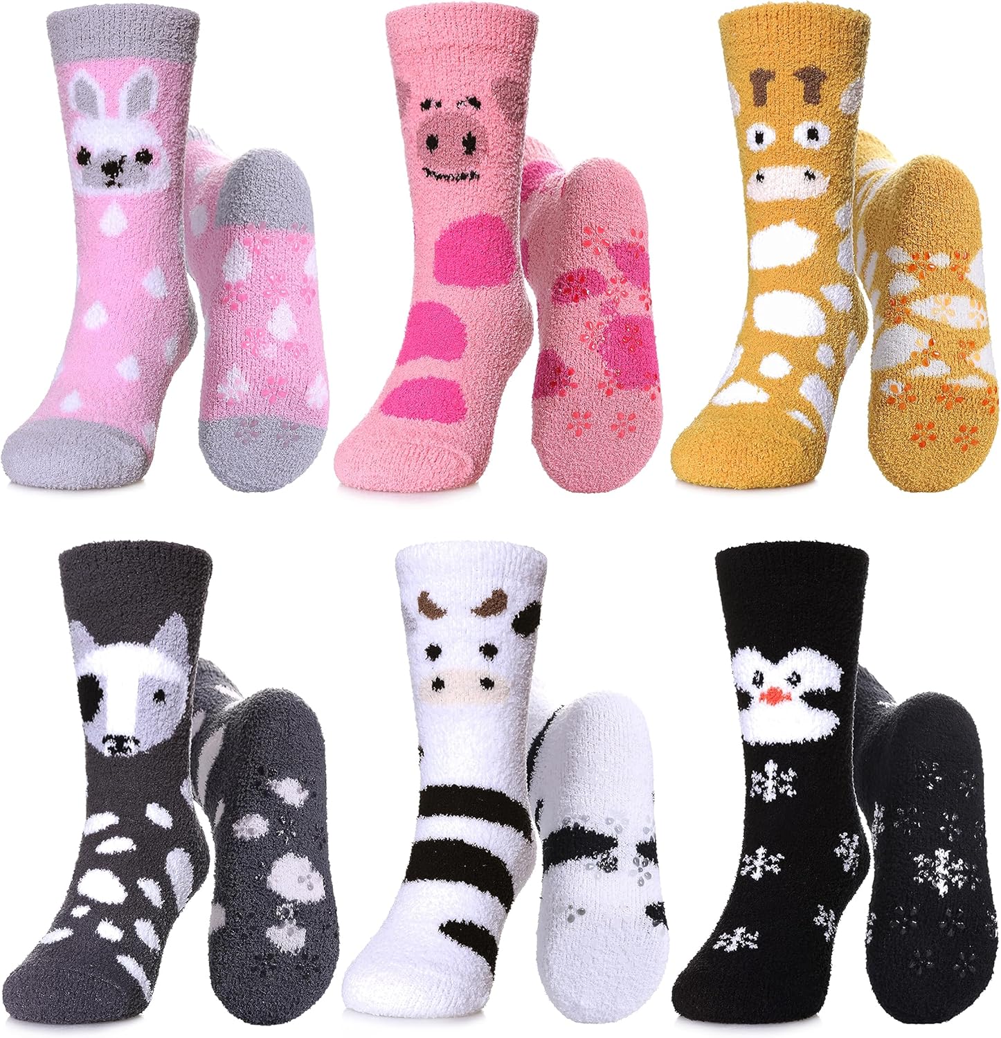 LINEMIN Kids Fuzzy Socks Boys Girls with Grips Non Slip Slipper Socks Cozy Fluffy Winter Warm Crew Socks 6 Pairs