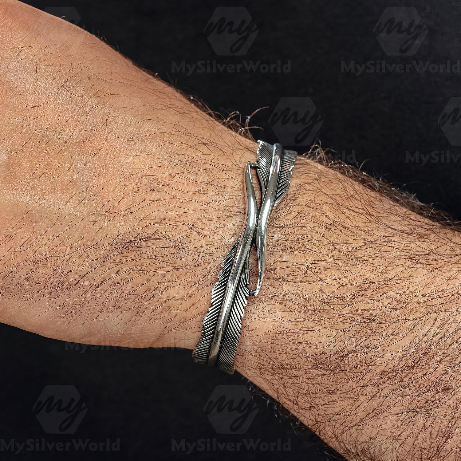 925 Sterling Silver Handmade Feather Design Men's Cuff Bracelet Adjustable
