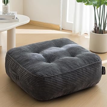 HIGOGOGO 8 Extra Thick Floor Pillow Cushion for Adults, Meditation Cushion Pillow, Large Square Floor Sitting, Tufted Corduroy Cover, for Tatami Living Room or Yoga, 22x22 Inch, Dark Grey