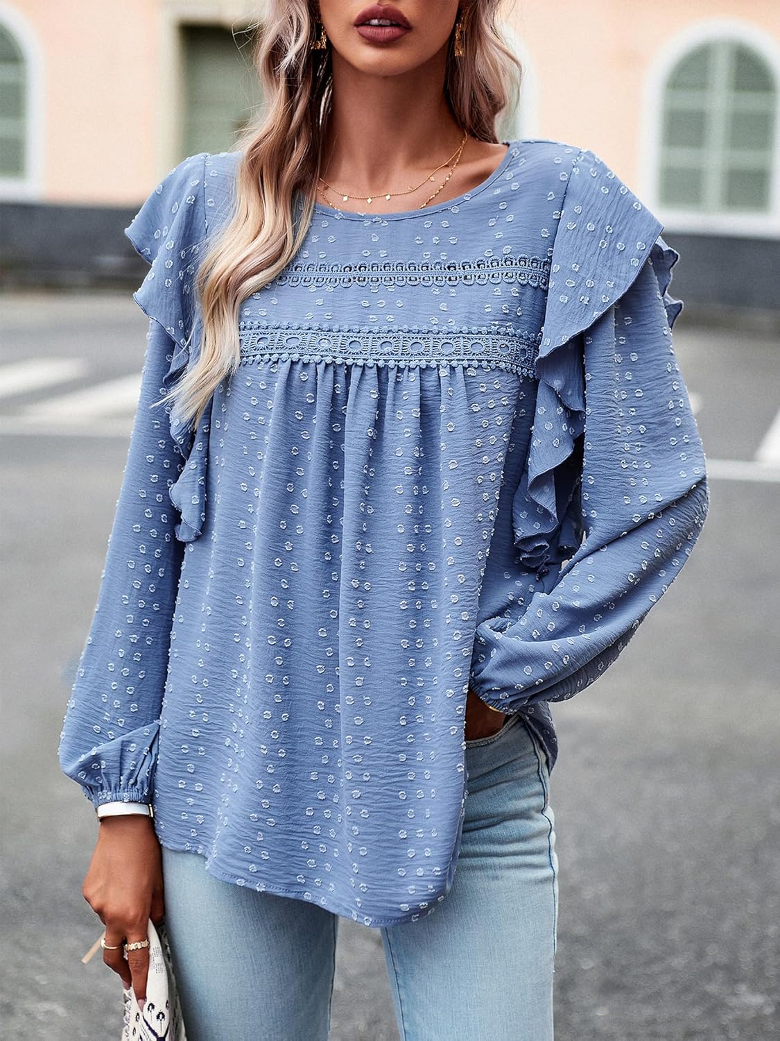 Women's Casual Tops Crewneck Lace Crochet Flowy Ruffle Shoulder Long Sleeve Blouses Shirts - Image 2