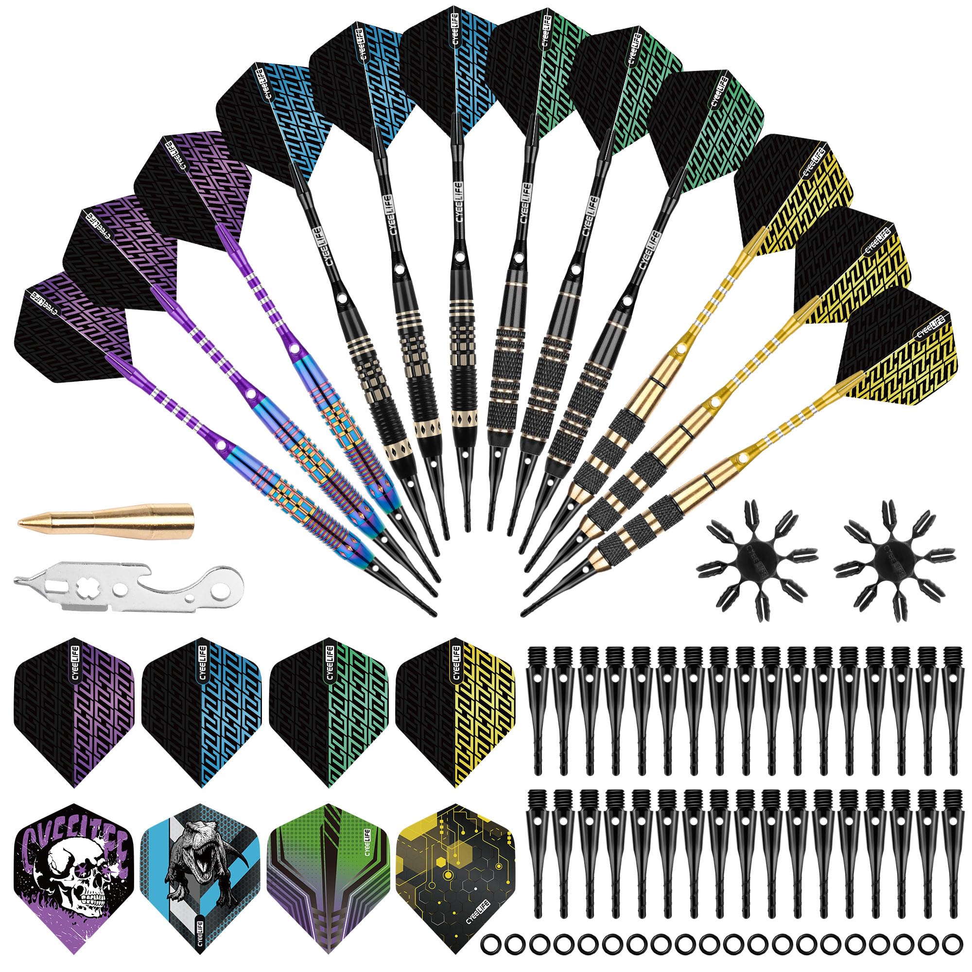 CyeeLife Fléchettes de Dart avec pointe en plastique, 12 pièces Set Premium Softdarts - Barils en laiton avec 4 designs