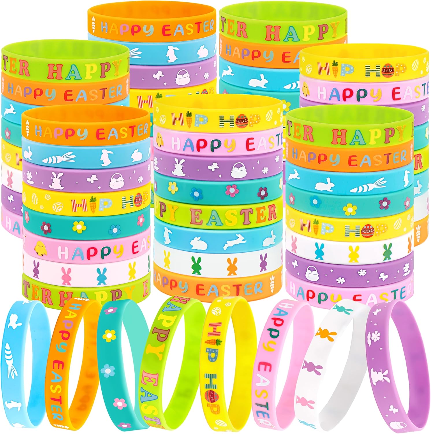 Moon Boat 74pcs Easter Basket Stuffers Wristbands for Kids, Egg Fillers Bulk, Rubber Wristband Gifts, Party Favors for Boys Girls