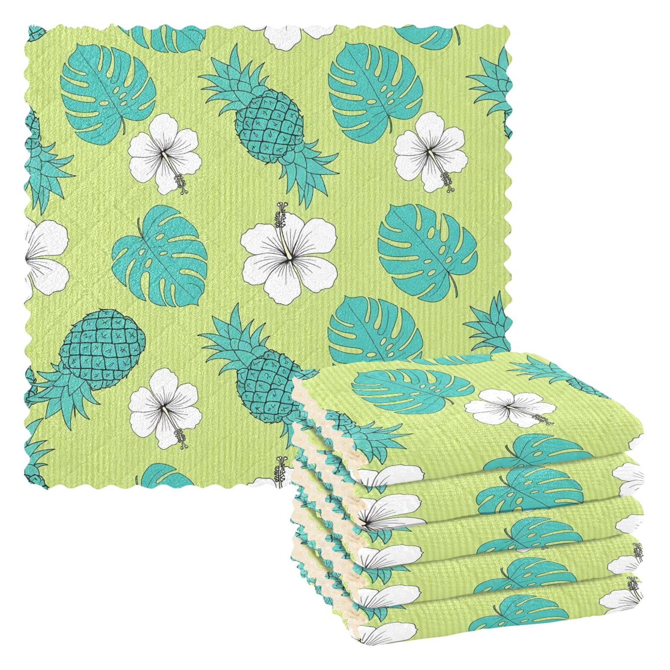 Fuauuyl Hibiscus Pineapples Kitchen Dish Towel Set of 6, Soft Absorbent Washable Cleaning Cloths Dish Rags Tea Bar Drying Towels, 11x11 In
