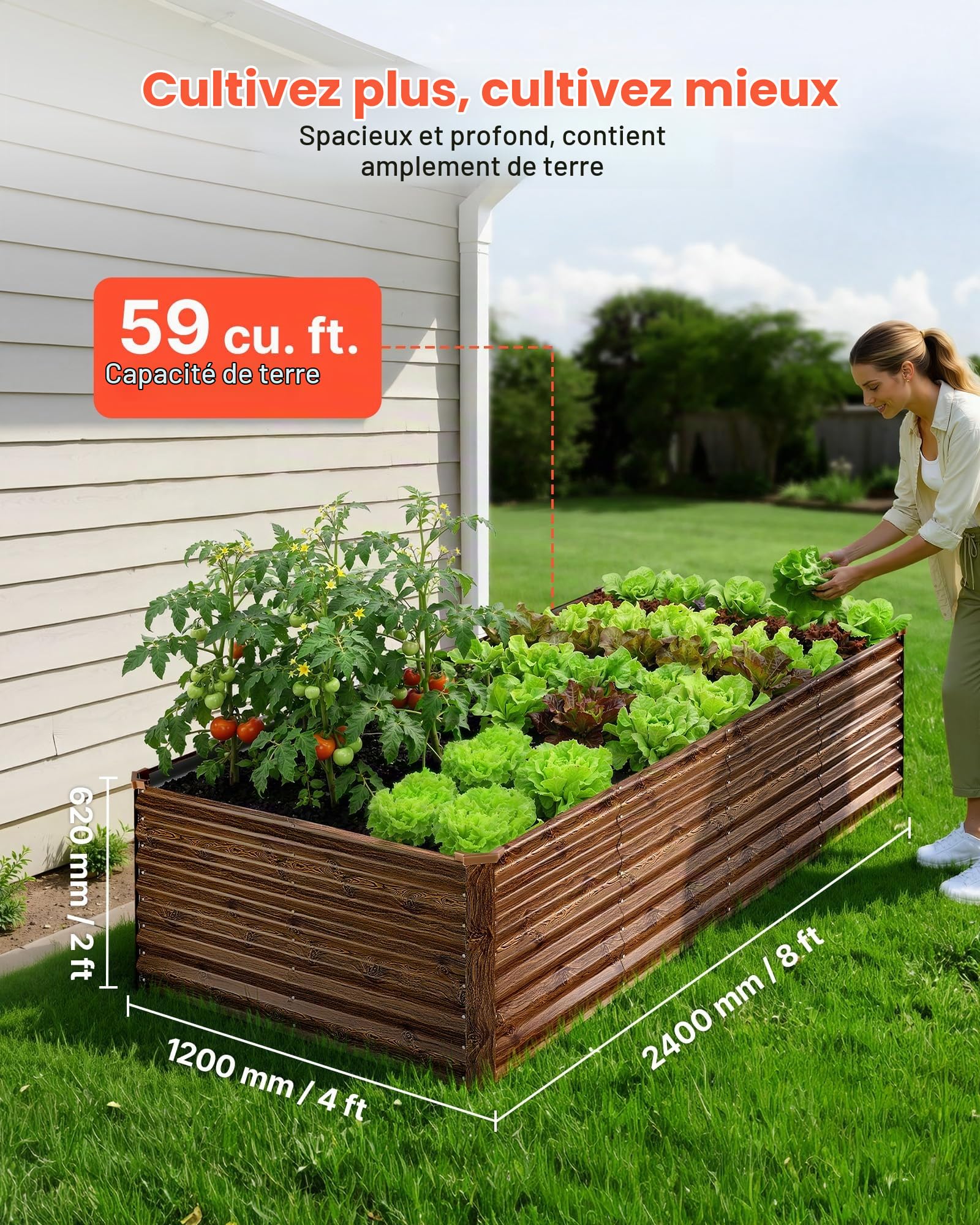 VEVOR Potager Surélevé Métal 240x120x62 cm Carré Potager Surélevé Rectangulaire Lit de Jardin pour Culture Légumes Fleurs, Fond Ouvert, Galvanisé Aluminium-Zinc, avec Gants, Aspect Grain Bois Foncé