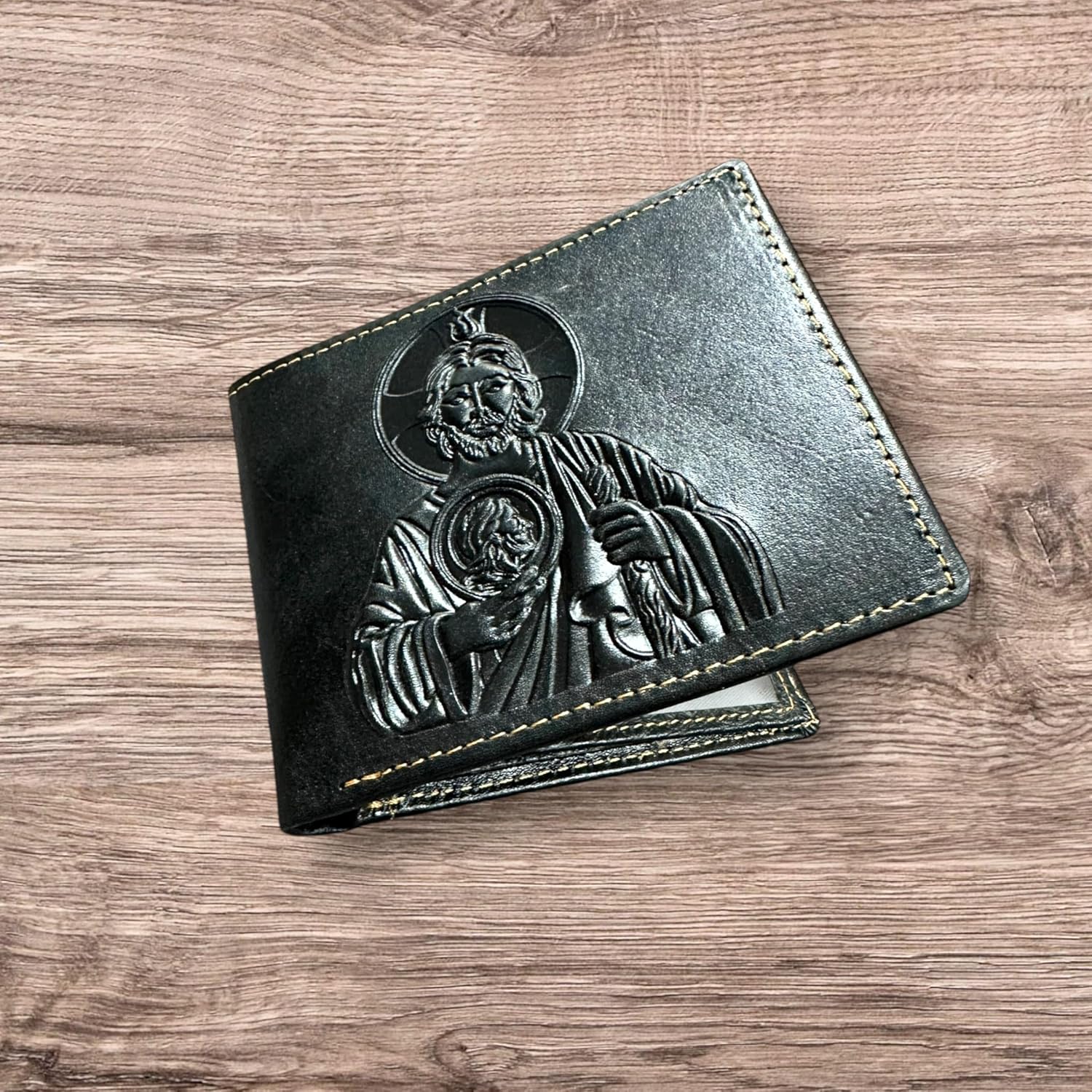 Minimalist Leather Wallet for Men – Saint Jude Embossed Bifold – Slim Western Religious Wallet - Image 8