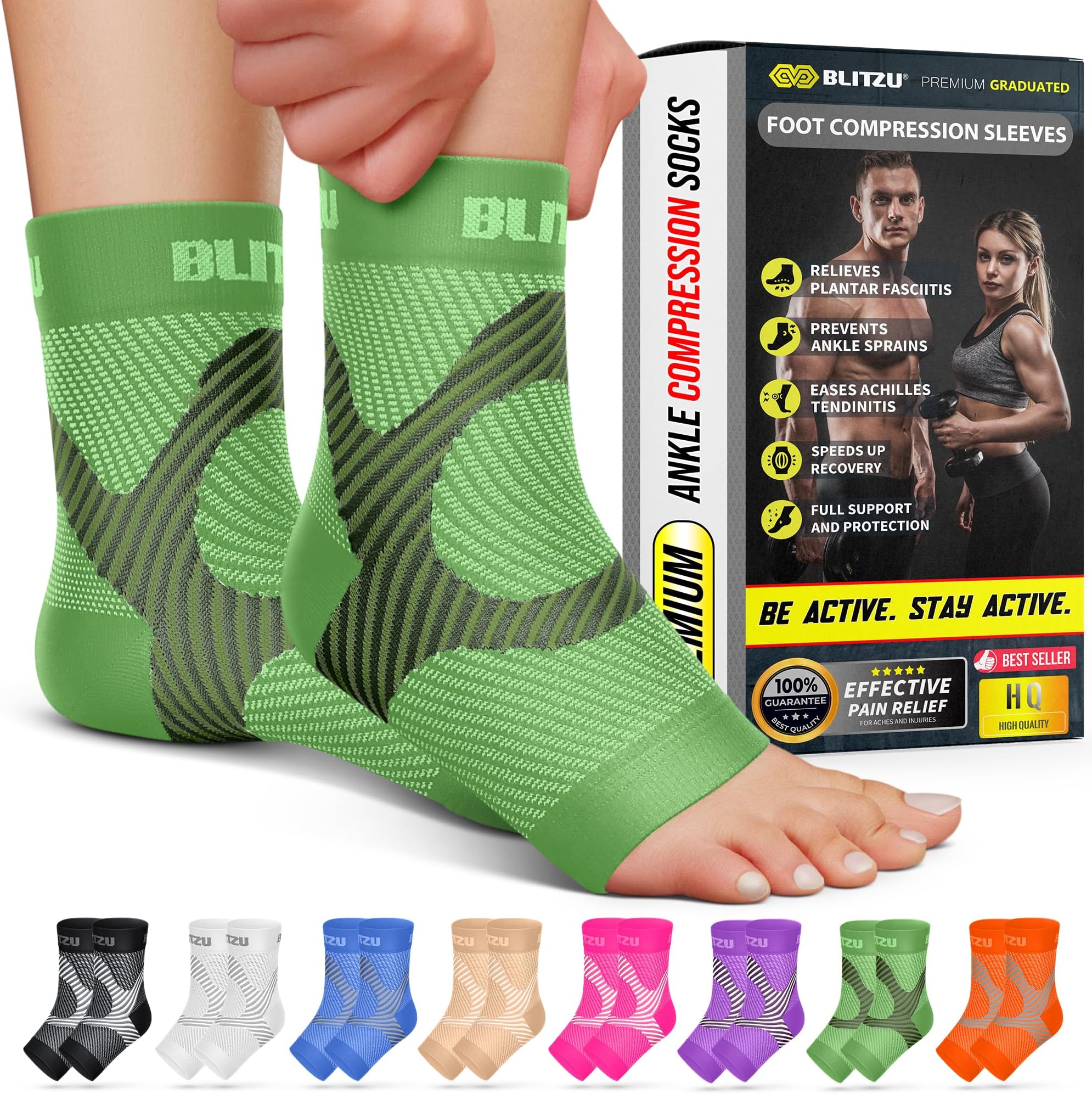 Compression Socks for Plantar Fasciitis, Achilles Tendonitis, Arthritis Relief, Ankle Brace Compression Sleeve with Foot Arch Support, Ankle Wrap for Women, Men, Swelling & Heel Pain Green L-XL