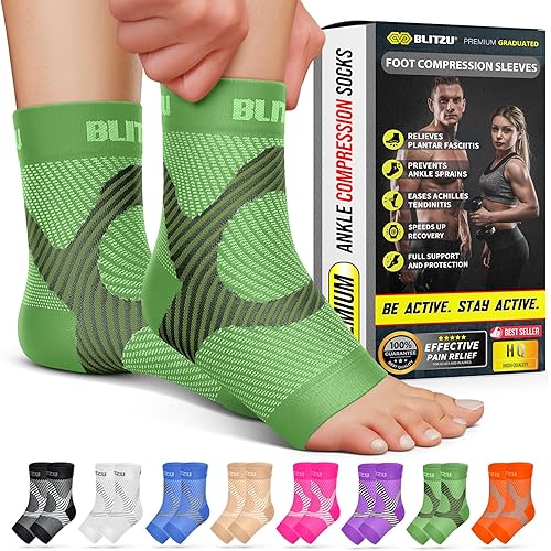 BLITZU Compression Socks for Plantar Fasciitis, Achilles Tendonitis, Arthritis Relief, Ankle Brace Compression Sleeve with Foot Arch Support, Ankle Wrap for Women, Men, Swelling & Heel Pain Green XXL
