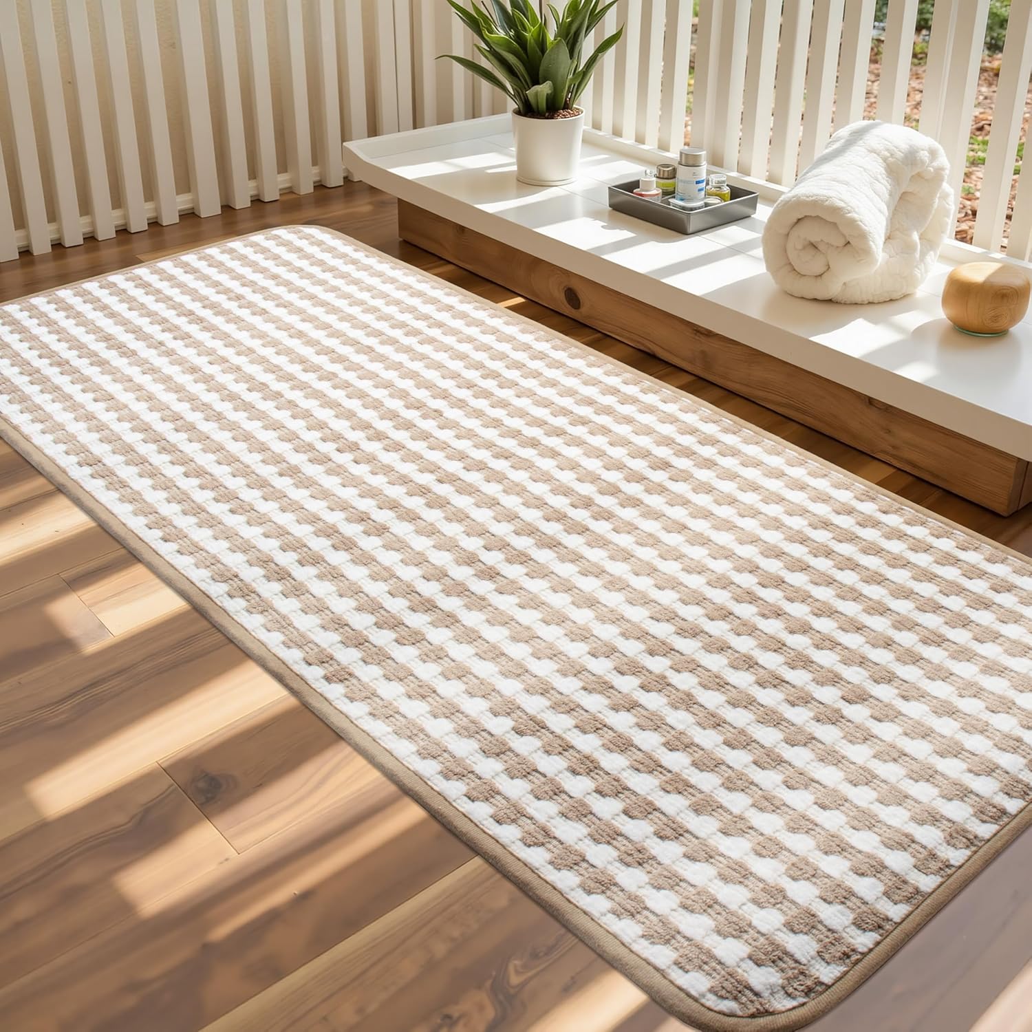 Non Slip Bathroom Runner Rug Quick Dry Braided Absorbent Neutral Thin Bath Mat Fit Under Door Tub Floor, Machine Washable Shower Mat with Rubber Backing 17" x 47",Beige and White