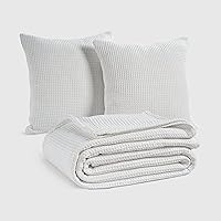 Vista 2 de HILLFAIR Manta de algodón 100% tamaño King Manta blanca de gofre con 2 fundas de almohada, ligera, suave, transpirable, manta térmica de verano
