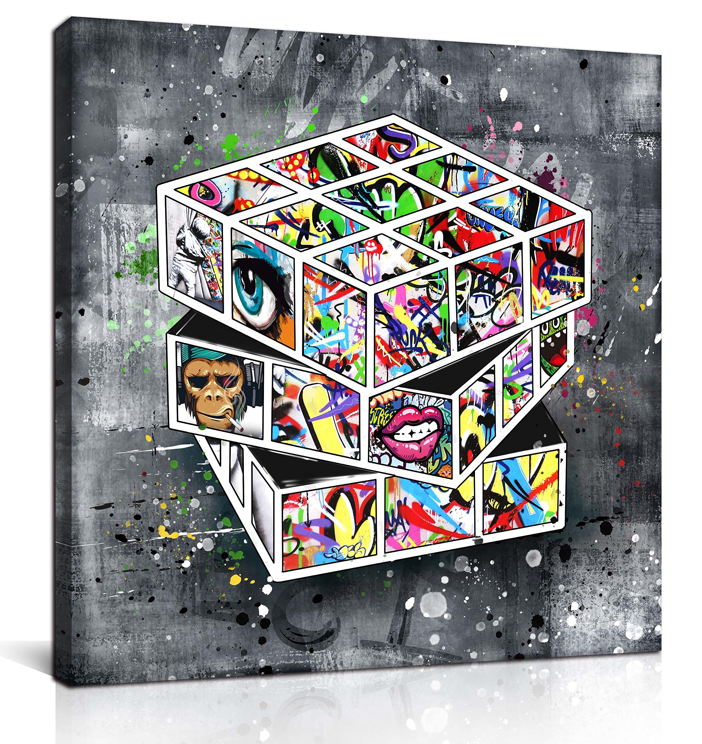 SIXTTART Black and White Wall-Art Abstract - Graffiti Wall Art Bathroom - Banksy Wall Decor for Bedroom 20" W x 20" H Stretched And Framed Ready to Hang