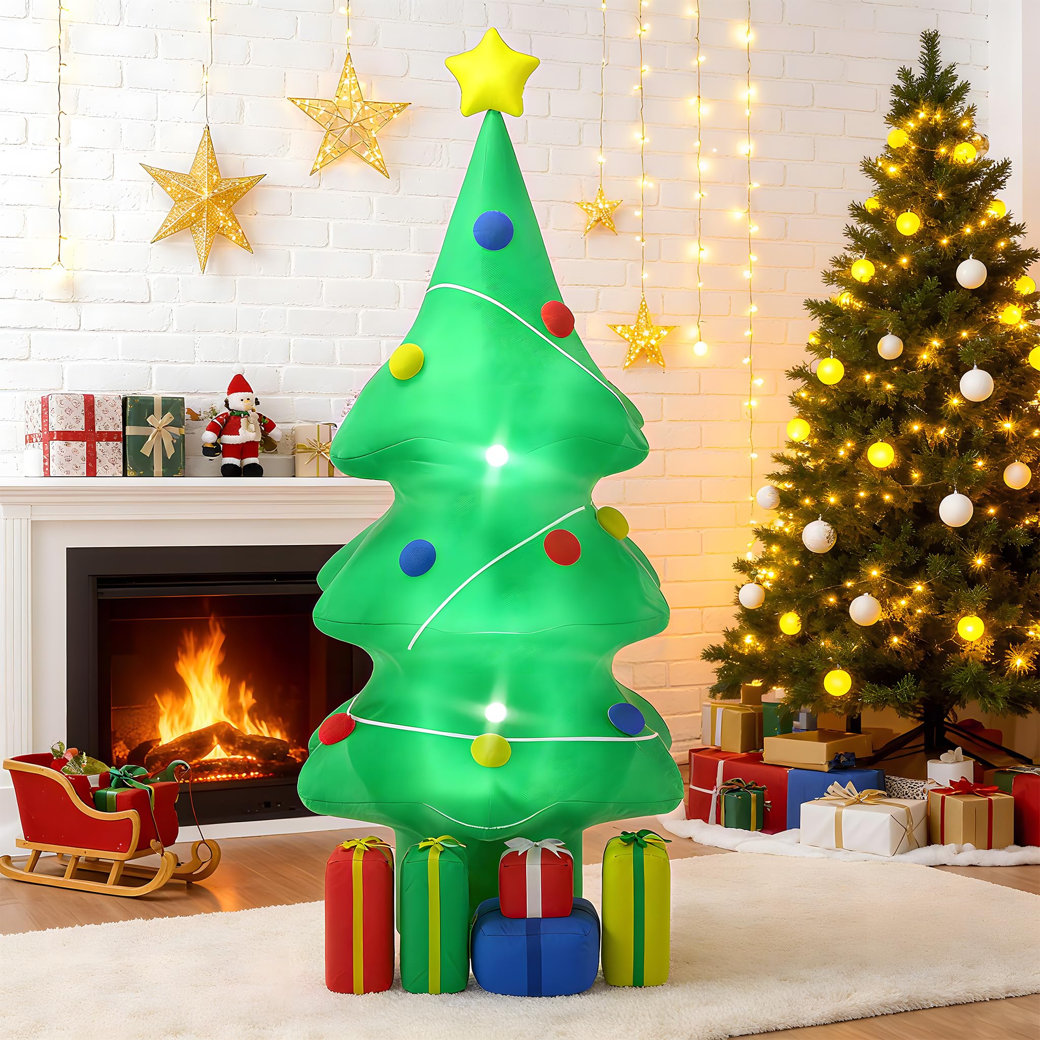 LZQ Décoration de Noël gonflable - 150 cm - LED blanche - Avec cadeau - Figurine de Noël gonflable pour l'extérieur et l'intérieur - Décoration de Noël pour jardin, terrasse, balcon