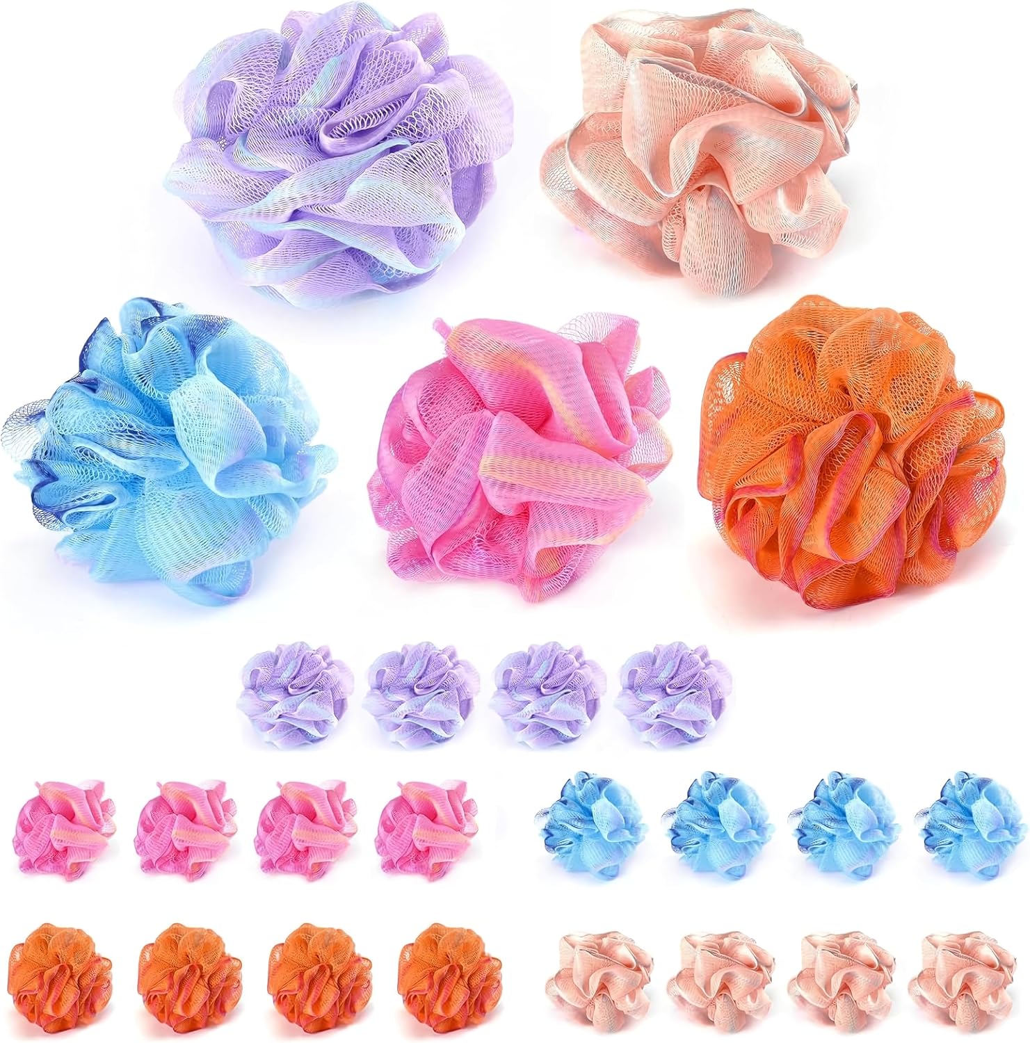 20 Pack Shower Poufs Multipack – Soft Mesh Bath Puffs Shower Set for Gentle Exfoliation & Rich Lather – Colorful Travel Loofah Mini Bulk for Daily Body Care.