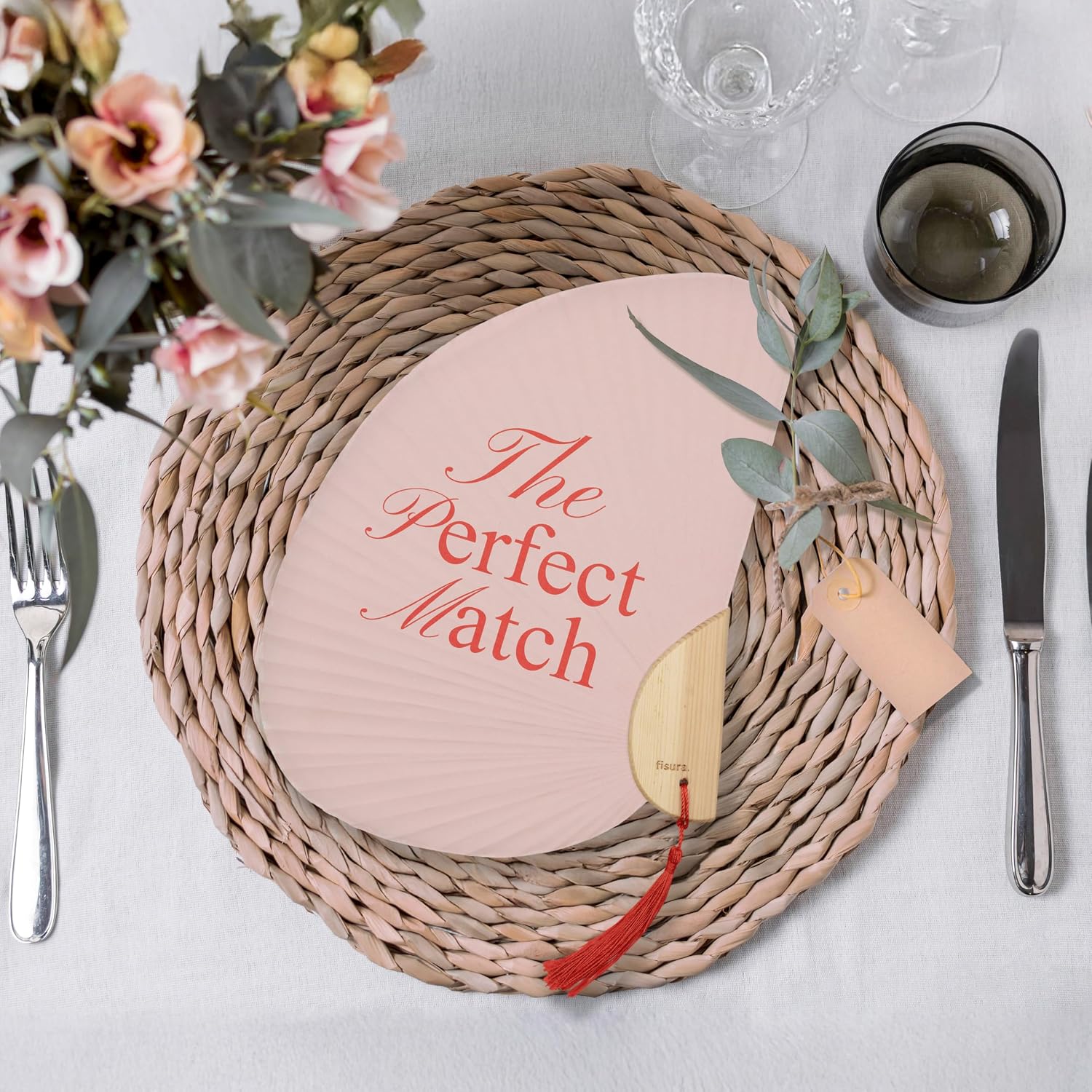 Fisura – Original Folding Fan with the message The perfect match. Pink Wedding fan. Made of Paper and wood. Original summer accessory. 8.27 inches x 11.42 inches.