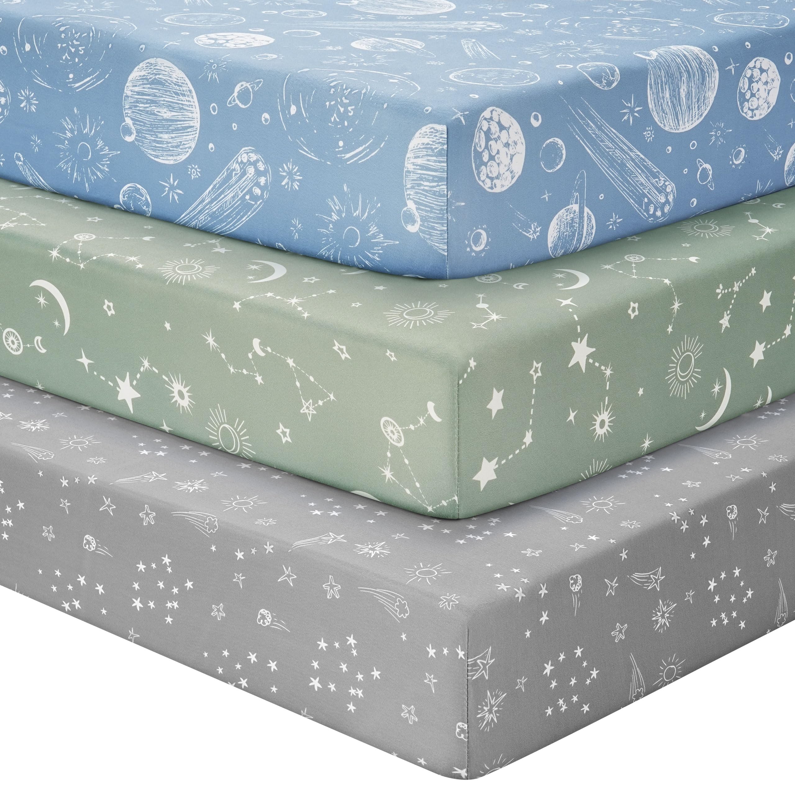 Unnivoll Baby Crib Sheets for Boys Girls, Fitted Crib Sheet Neutral 3 Pack for Standard Crib and Toddler Mattress, Breathable Soft Microfiber Baby Sheet 28x52x8in Green Gray Constellation