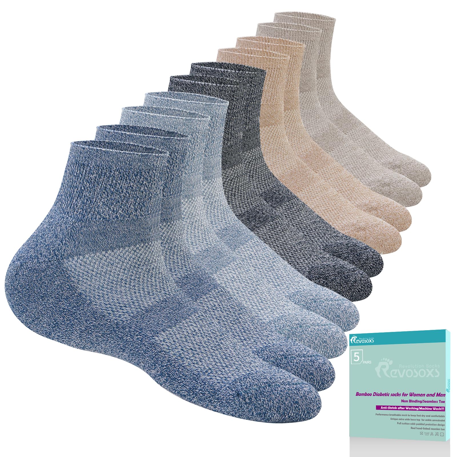 Revosoxs Diabetic Socks for Women Men,5 Pairs Non Binding Diabetic Ankle Wide Stretchy Loose Seamless Socks 7-9 9-11