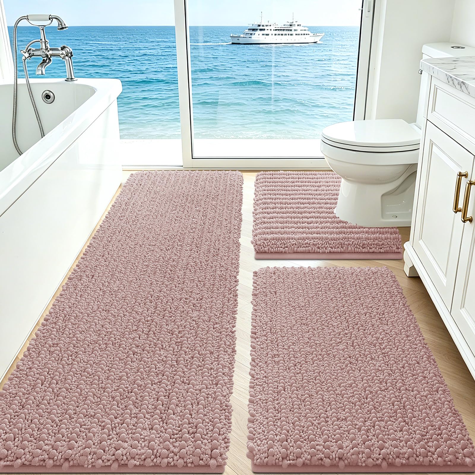 ACCUMTEK Upgrade Extra Large Dusty Pink Bathroom Rug Set 3 Pieces Ultra Soft, Thick Absorbent Bath Mats, Non Slip Chenille Toilet Mat for Bathroom, Bedroom, Kitchen