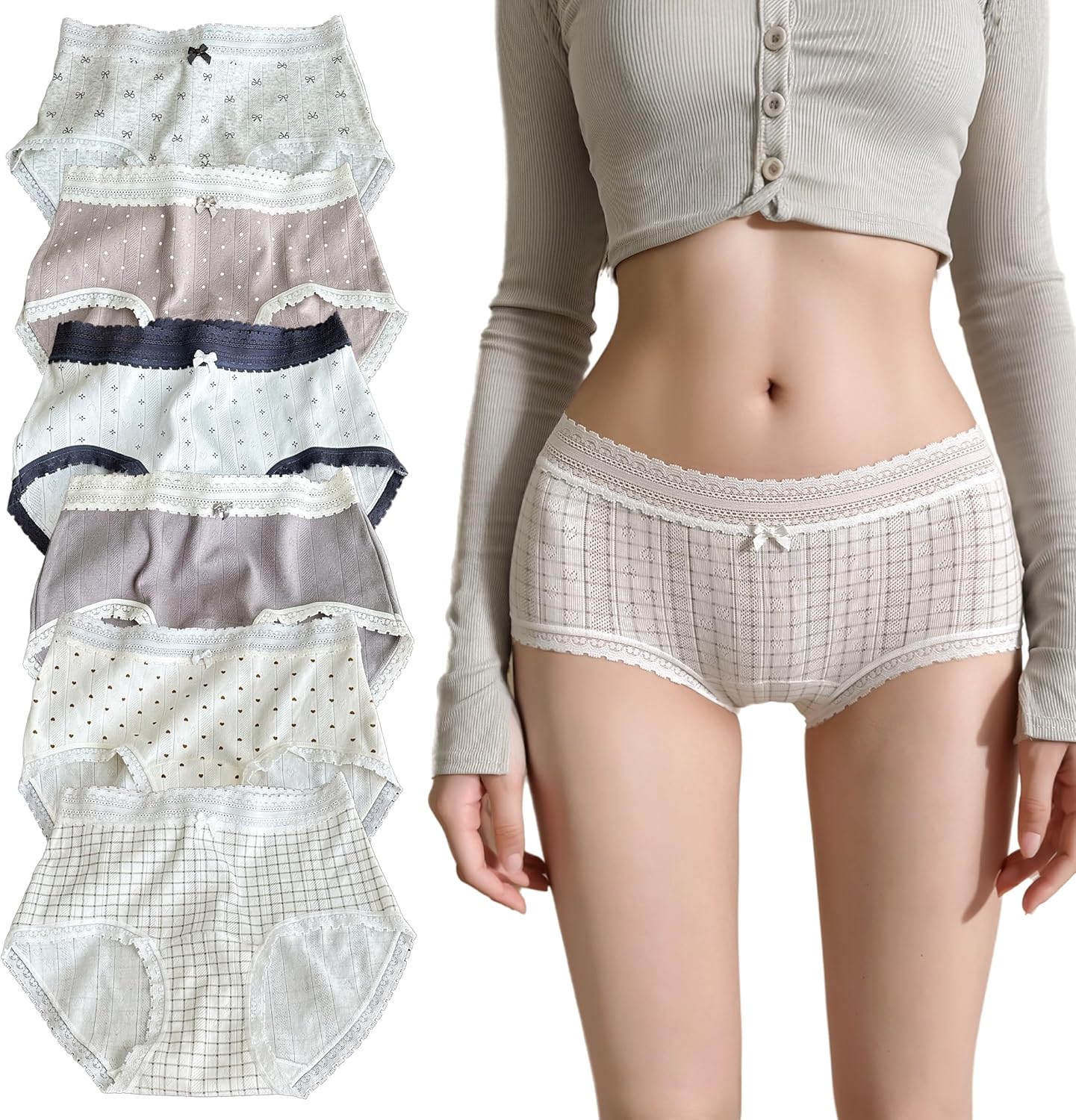 [三丸] ショーツ パンツ レディース 下着 6枚セット 綿 可愛い レース リボン プリント柄 柔らかい 肌に優...