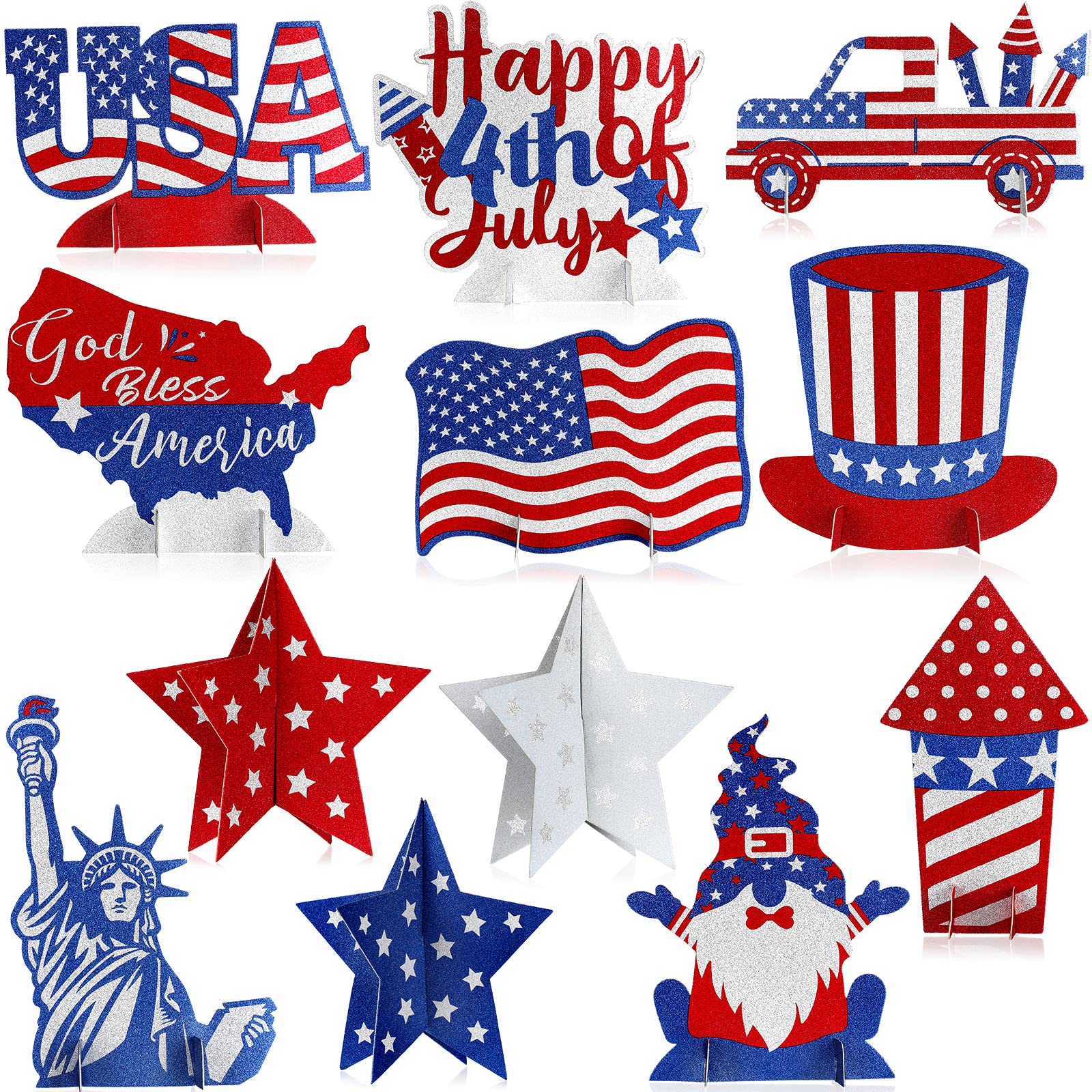 12 Pcs Independence Day Table Decor 4th of July Table Centerpieces American Patriotic Table Signs USA Flag Strip and Star Desktop Ornaments for Office Home Table Decoration Memorial Day Party Supplies
